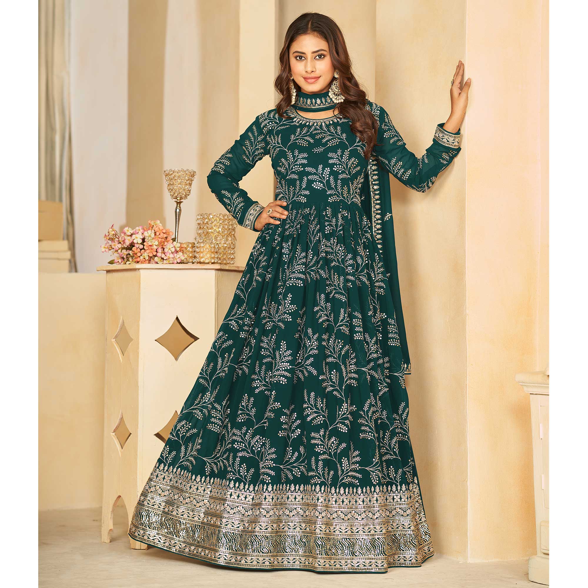 Green Sequins Embroidered Georgette Anarkali Style Semi Stitched Gown