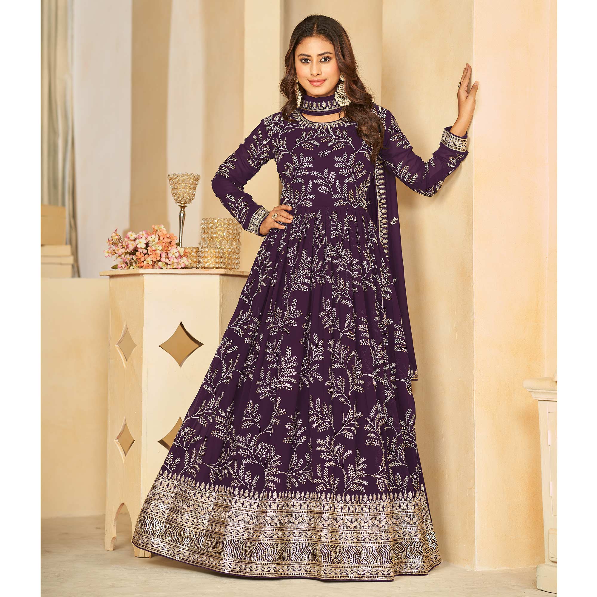 Purple Sequins Embroidered Georgette Anarkali Style Semi Stitched Gown