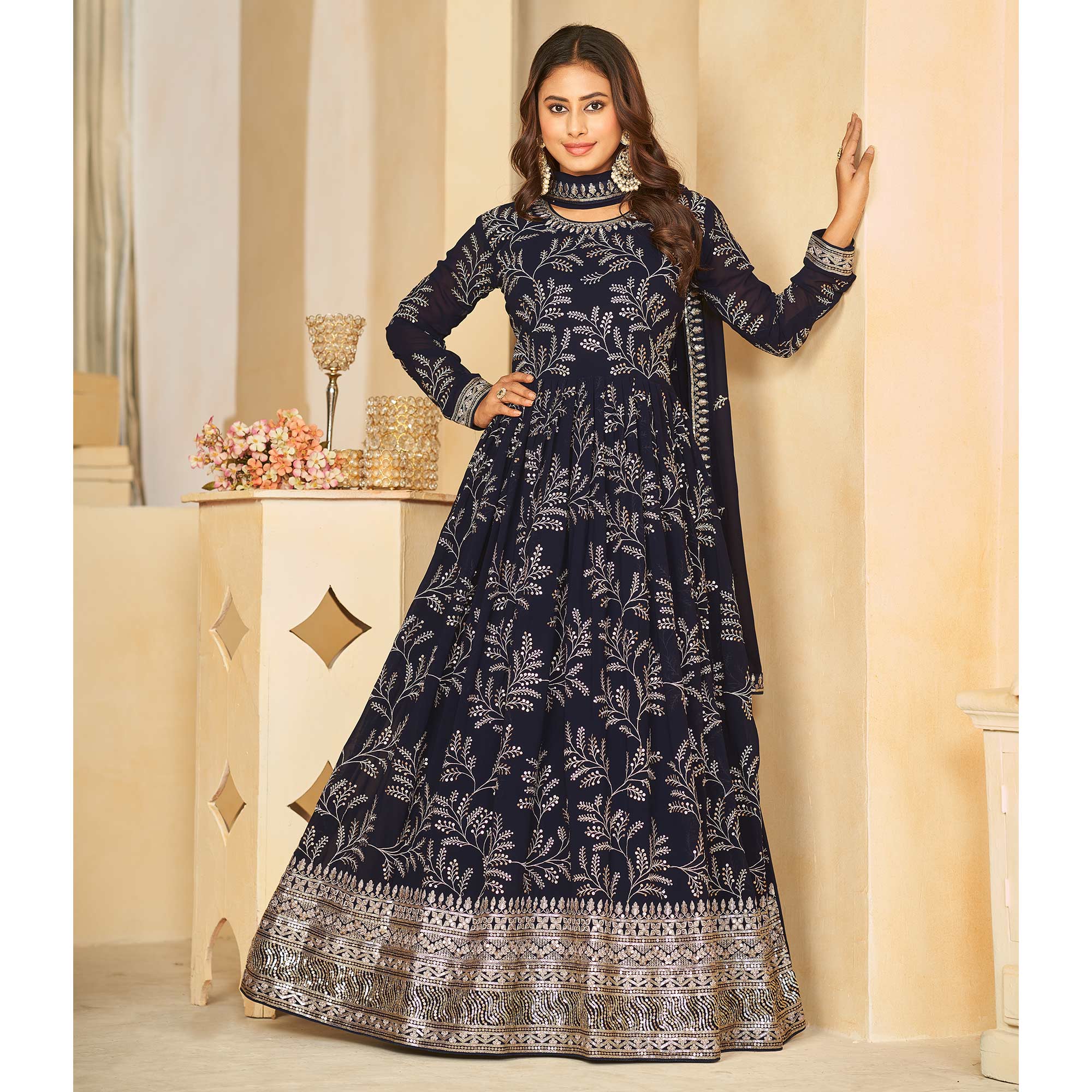 Blue Sequins Embroidered Georgette Anarkali Style Semi Stitched Gown
