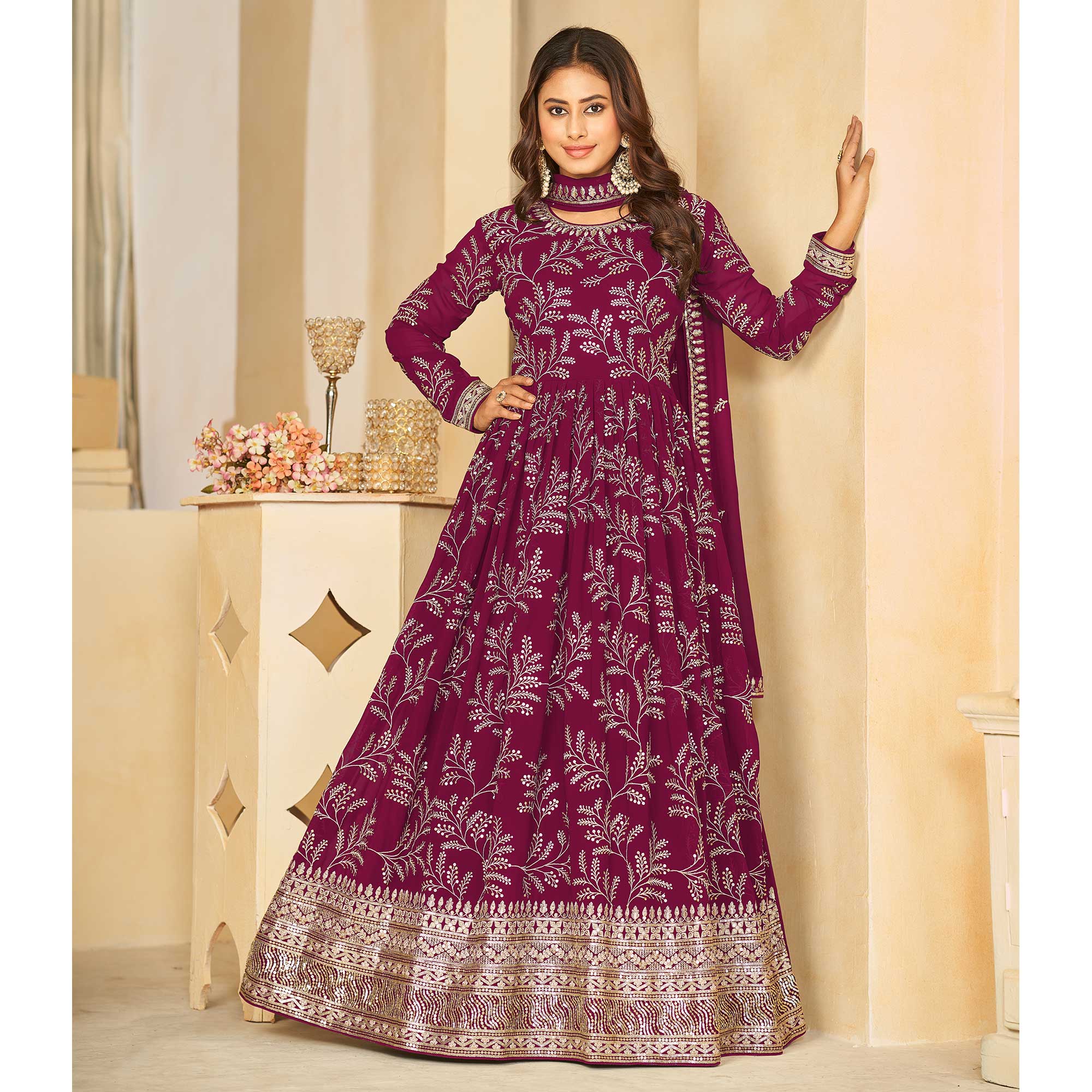 Dark Rani Pink Sequins Embroidered Georgette Anarkali Style Semi Stitched Gown