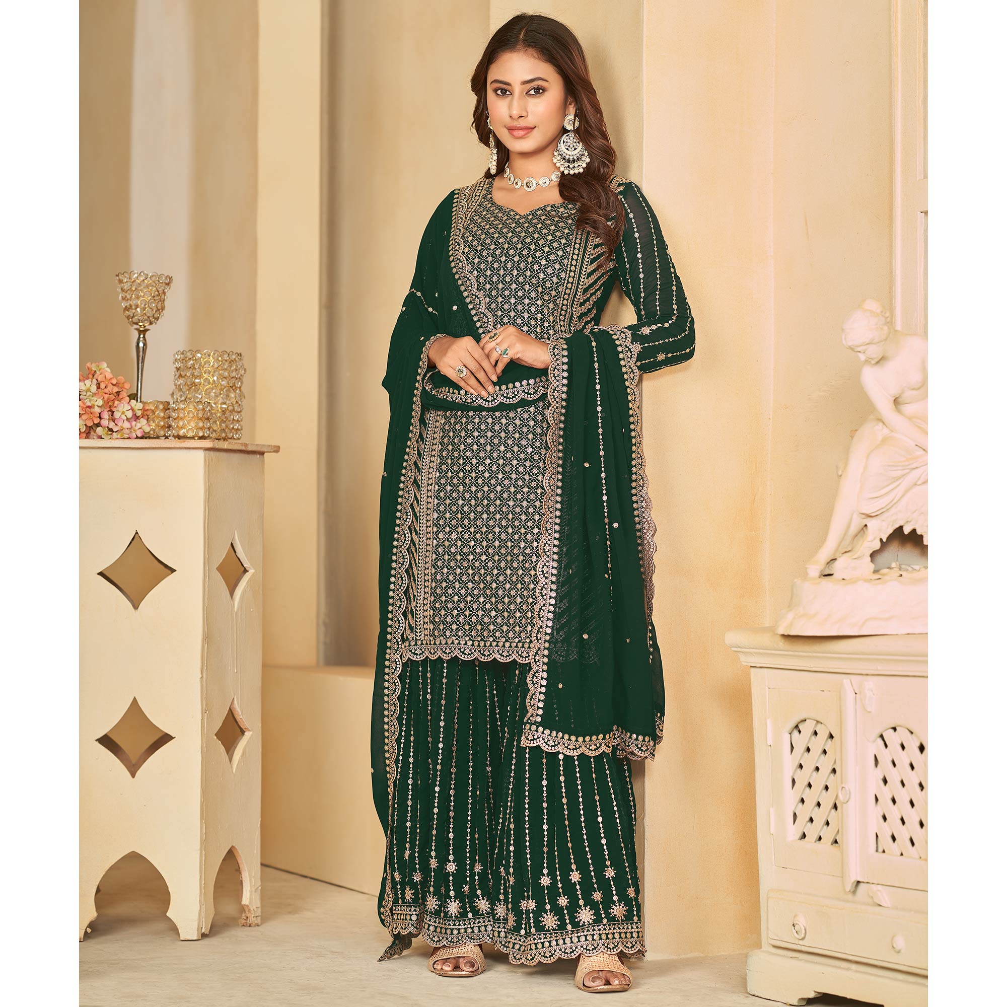 Green Sequins Embroidered Georgette Semi Stithed Sharara Suit
