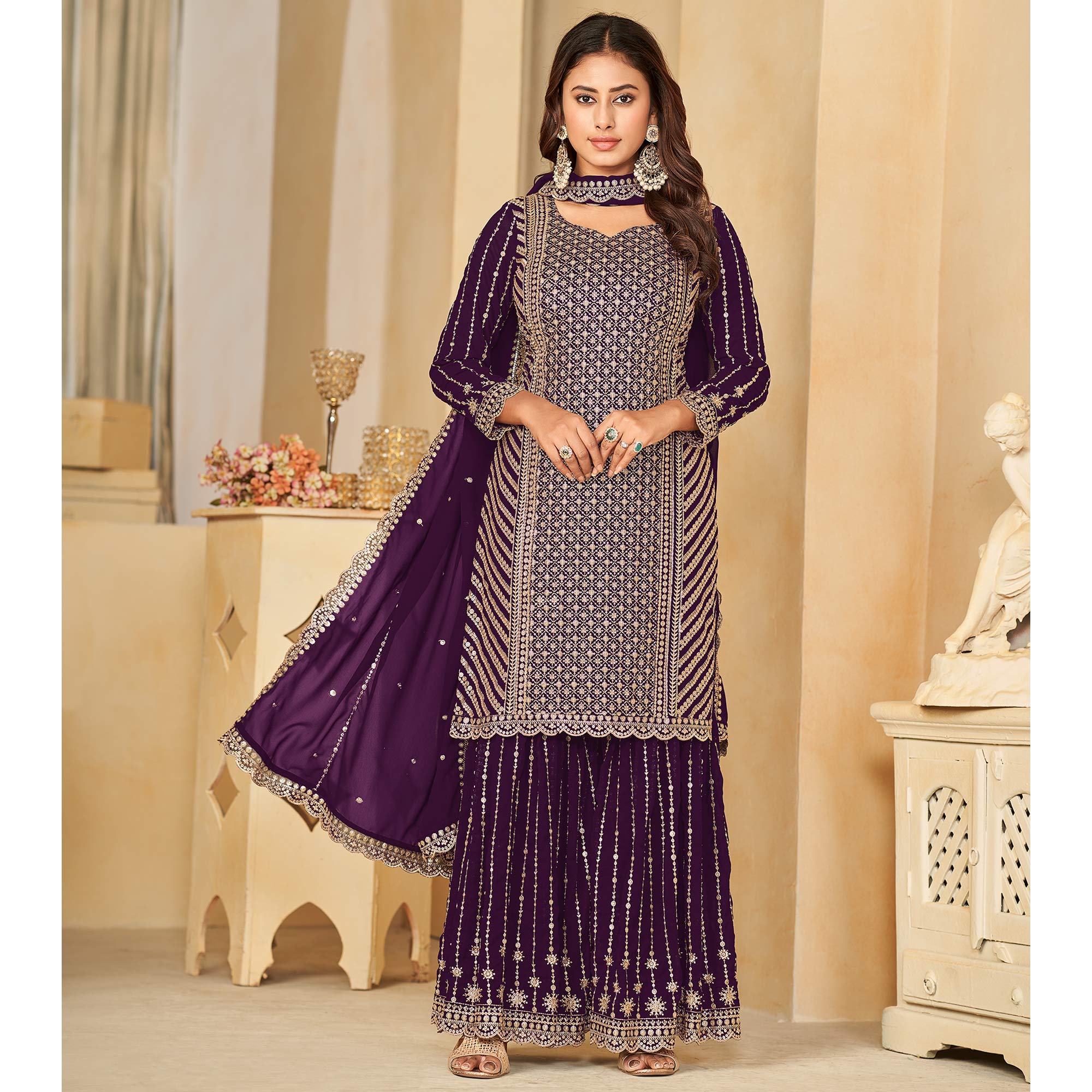 Purple Sequins Embroidered Georgette Semi Stithed Sharara Suit