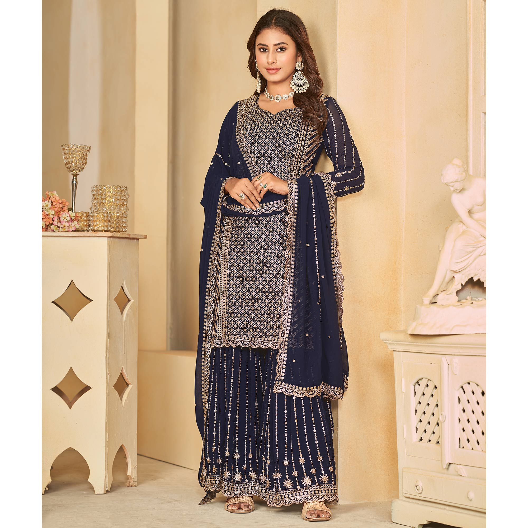 Blue Sequins Embroidered Georgette Semi Stithed Sharara Suit