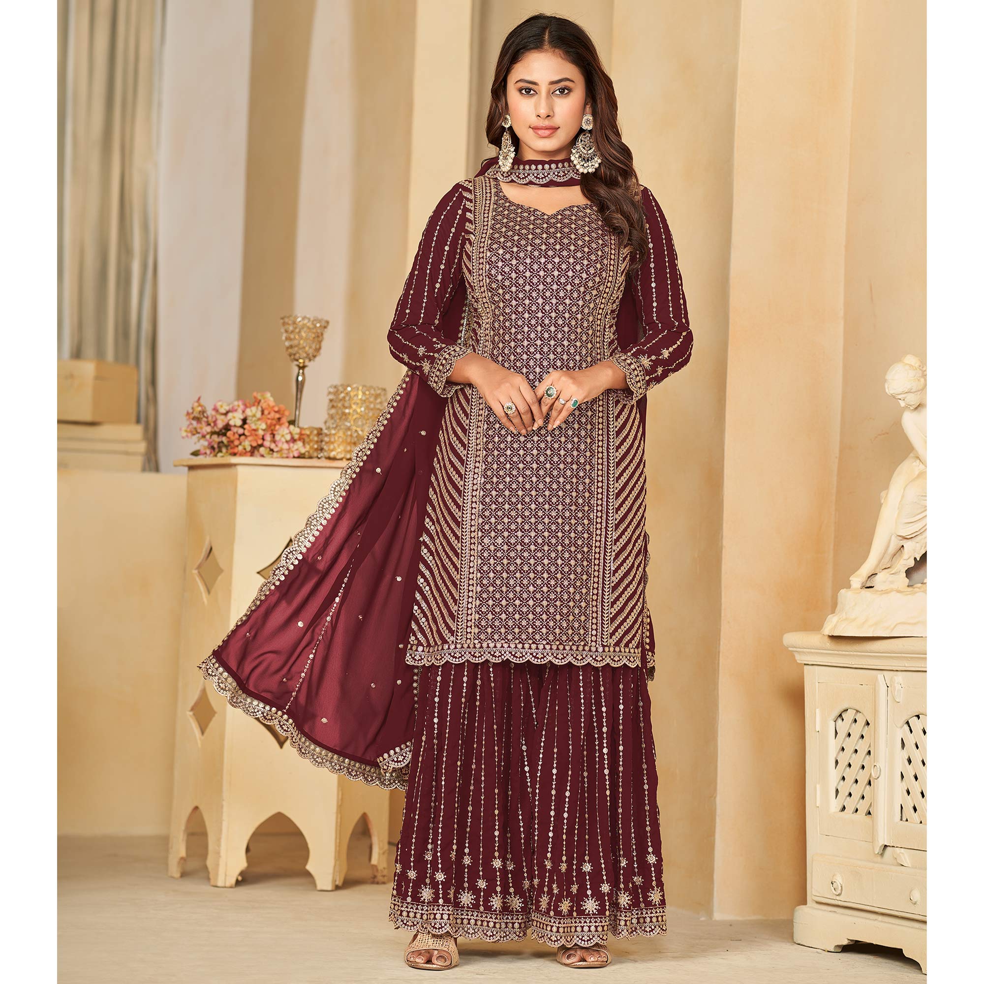 Maroon Sequins Embroidered Georgette Semi Stithed Sharara Suit