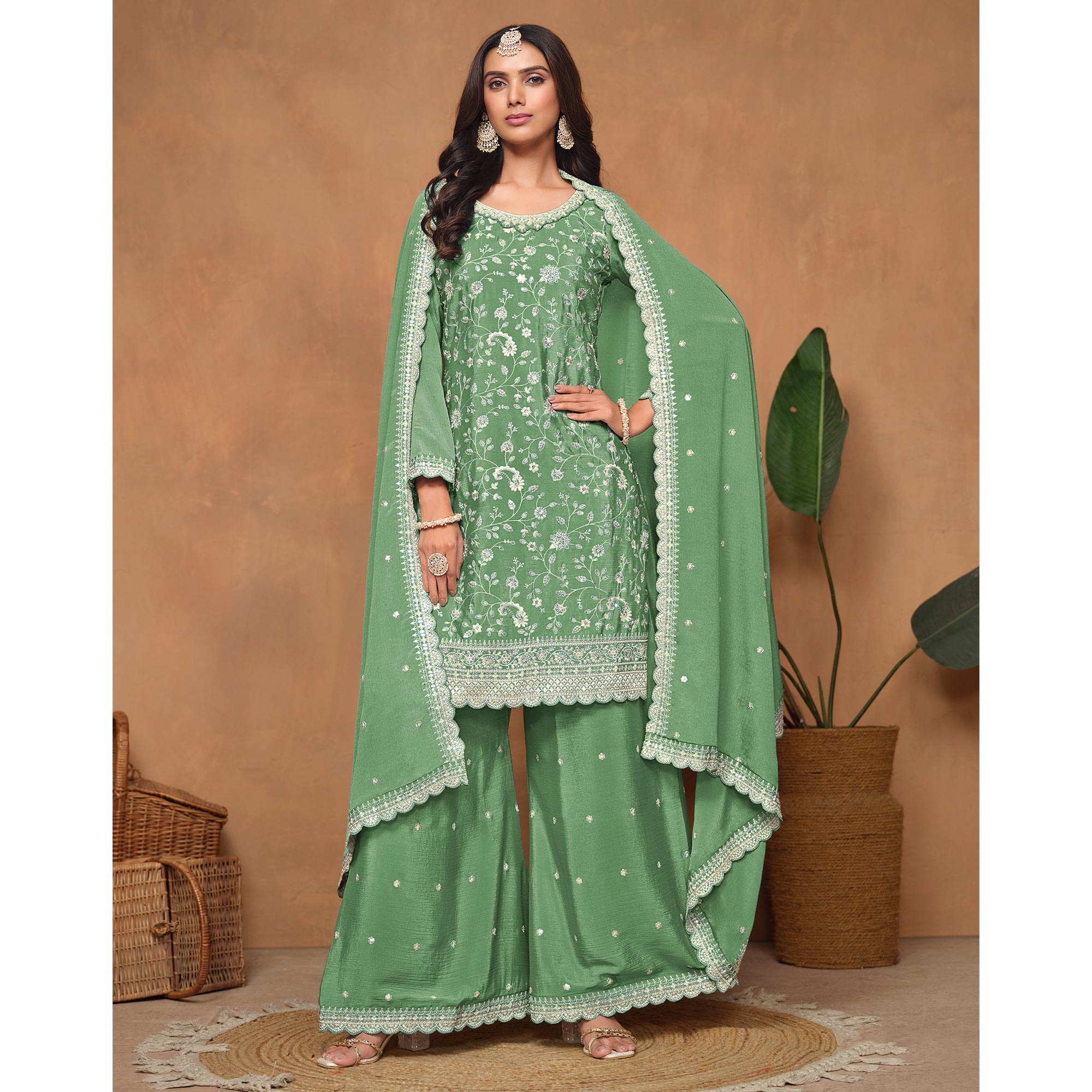 Green Floral Sequins Embroidered Chinon Semi Stitched Palazzo Suit