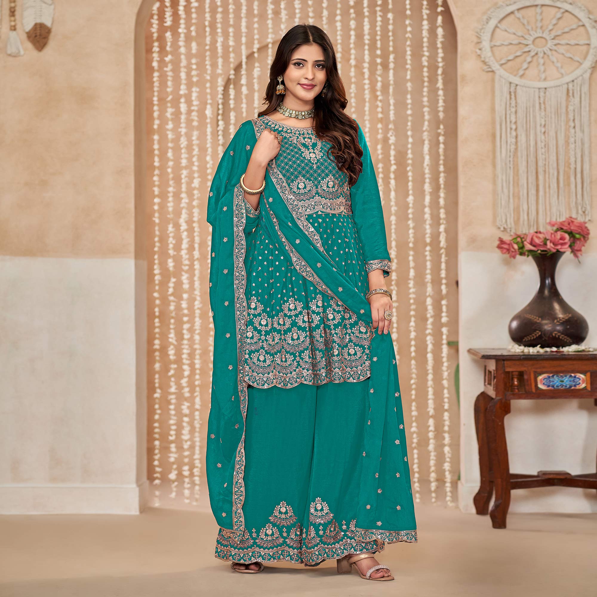 Rama Green Floral Sequins Embroidered Chinon Semi Stitched Sharara Suit