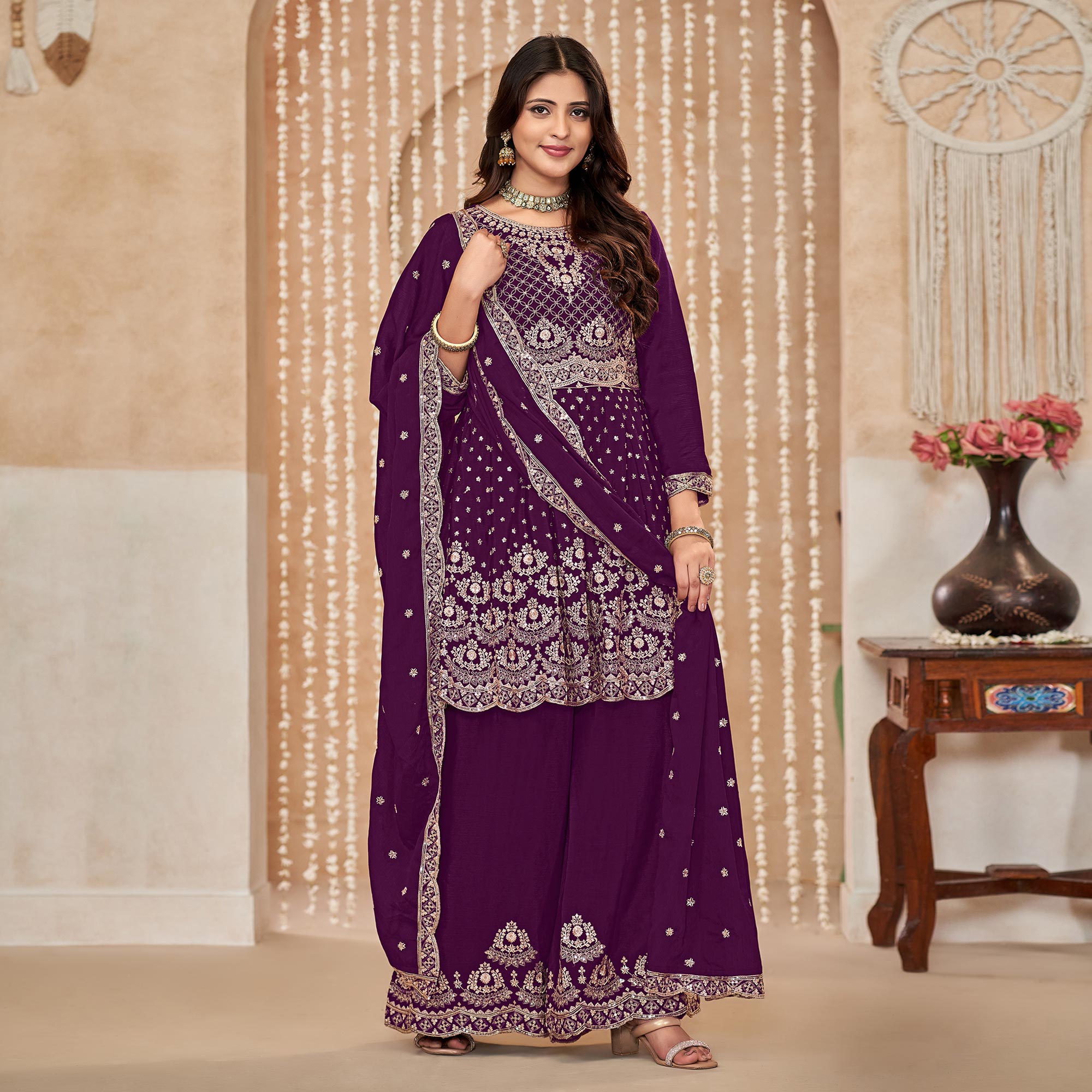 Purple Floral Sequins Embroidered Chinon Semi Stitched Sharara Suit