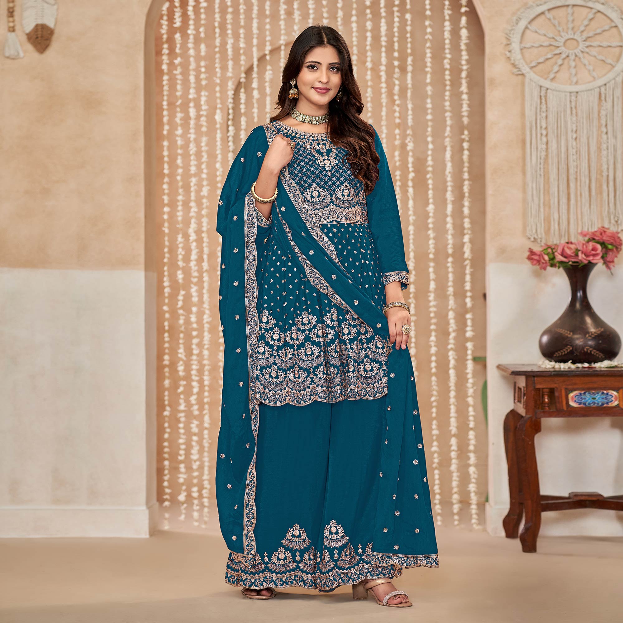 Teal Floral Sequins Embroidered Chinon Semi Stitched Sharara Suit