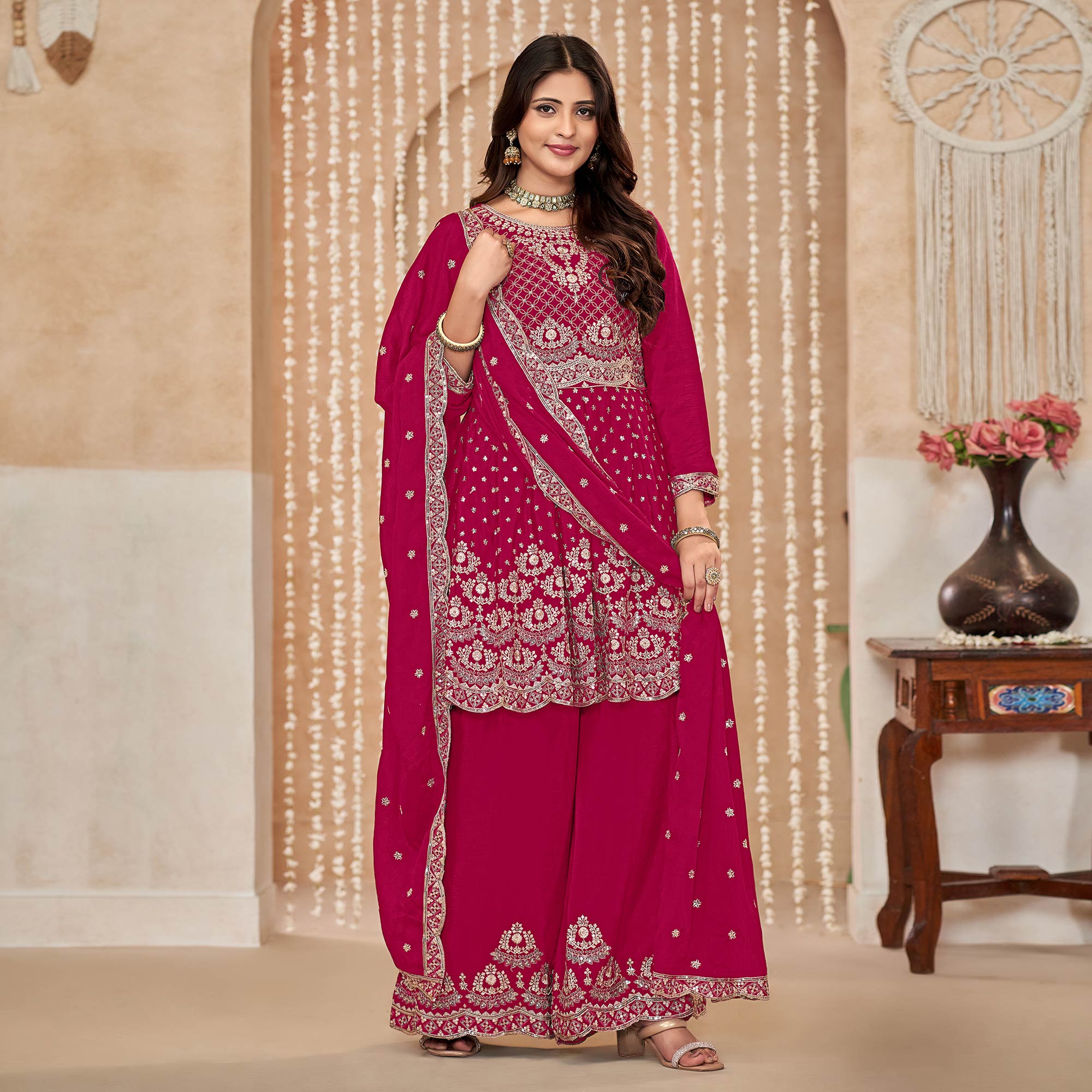Rani Pink Floral Sequins Embroidered Chinon Semi Stitched Sharara Suit