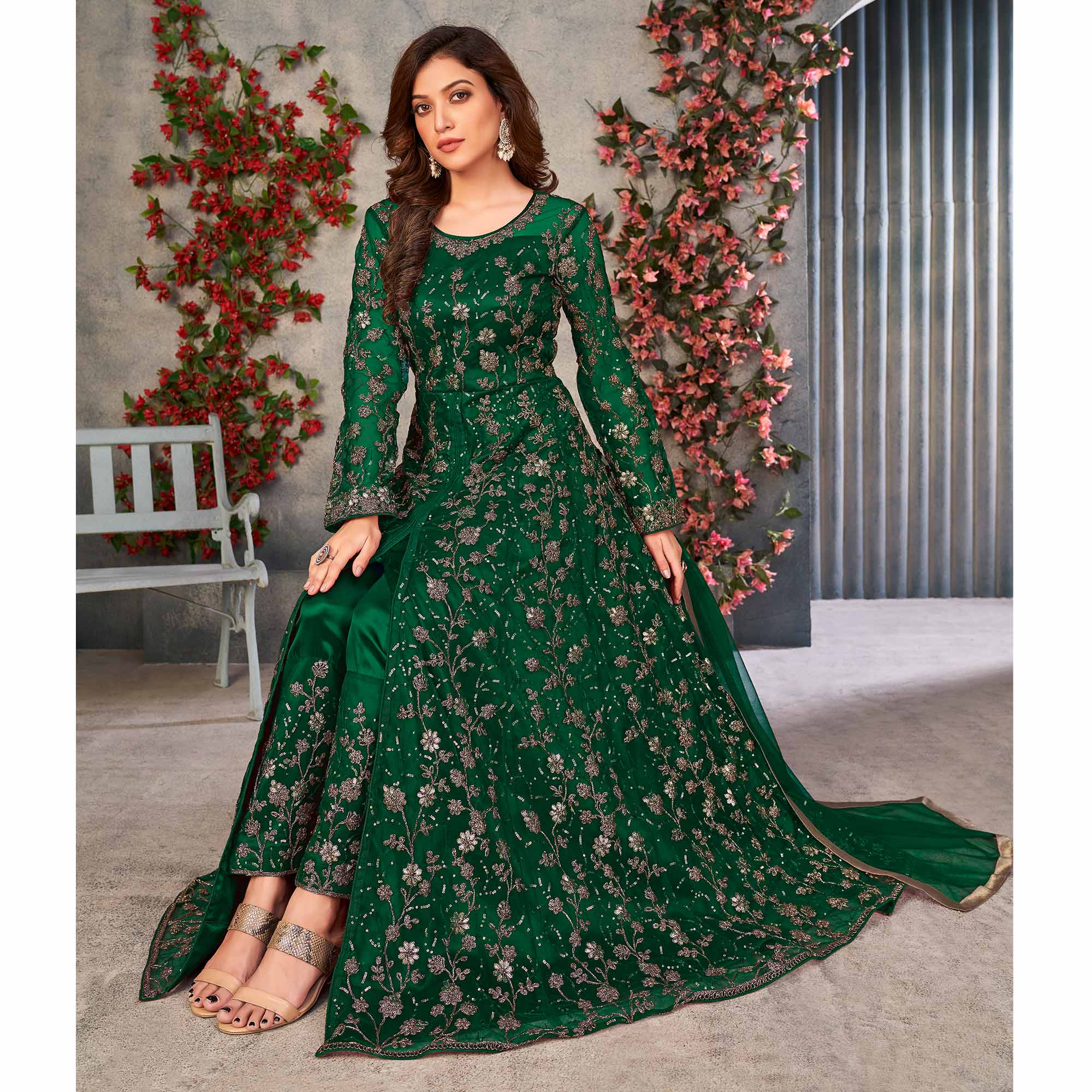 Green Embroidered Net Semi Stitched Anarkali Style Suit