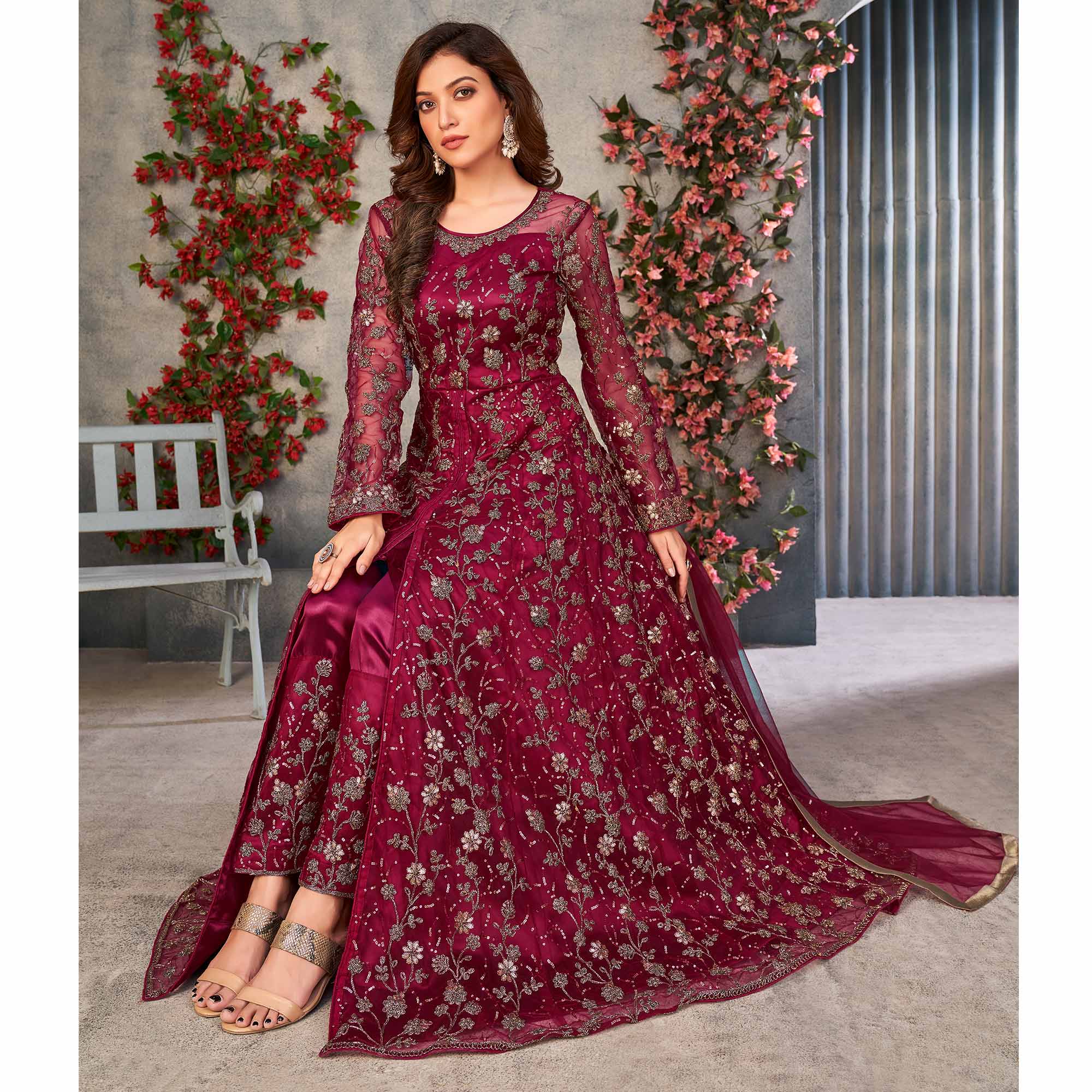 Pink Embroidered Net Semi Stitched Anarkali Style Suit