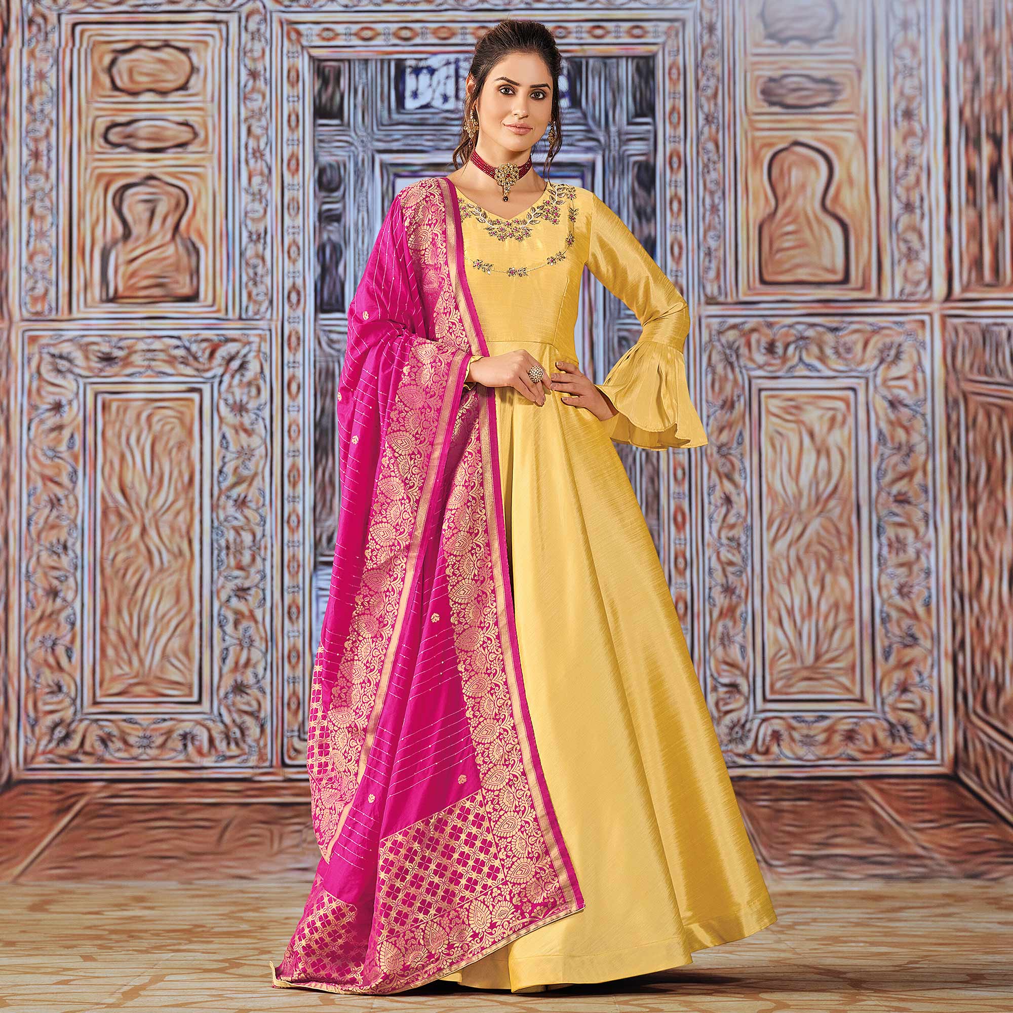 Yellow Handwork Embroidered Art Silk Anarkali Suit