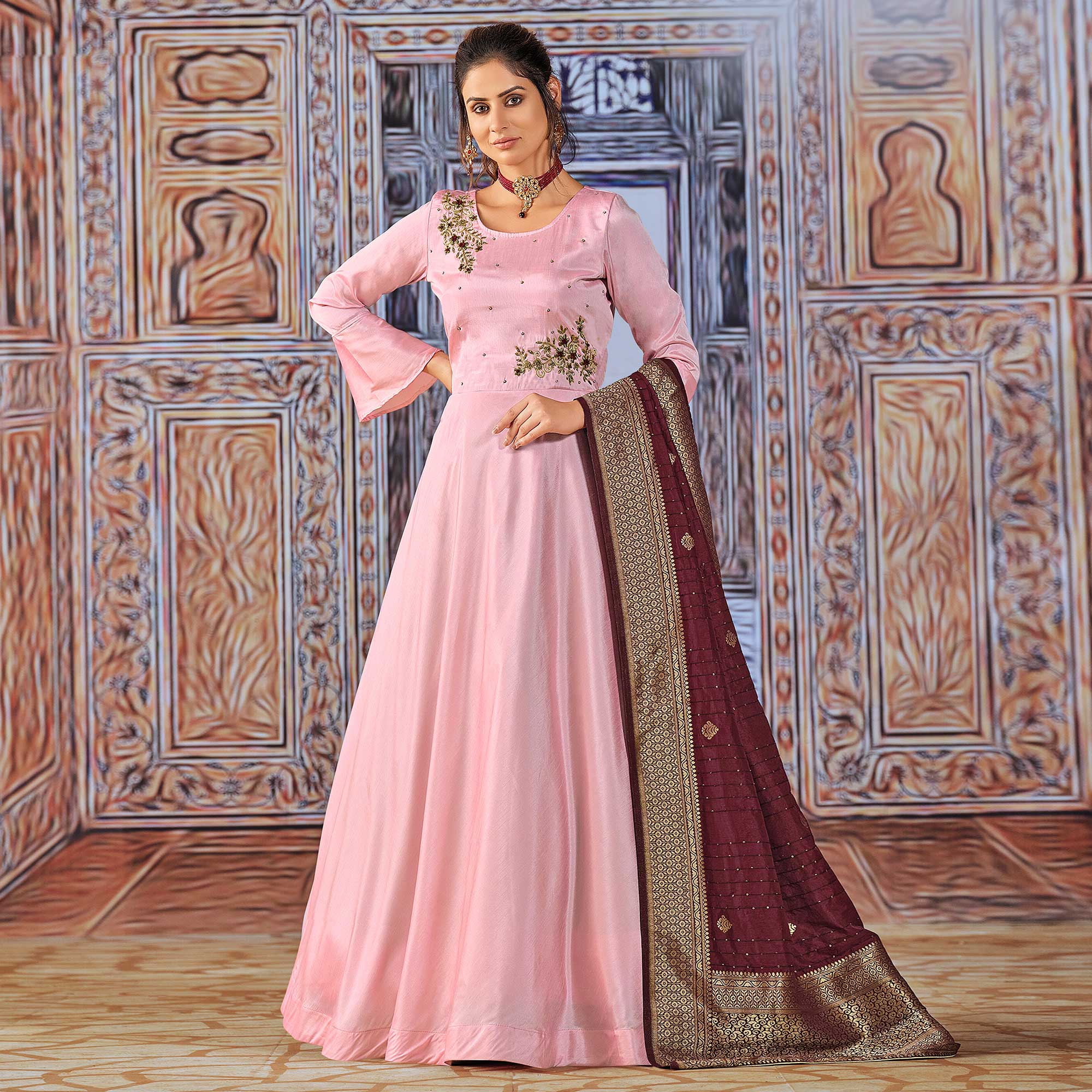 Pink Handwork Embroidered Art Silk Anarkali Suit