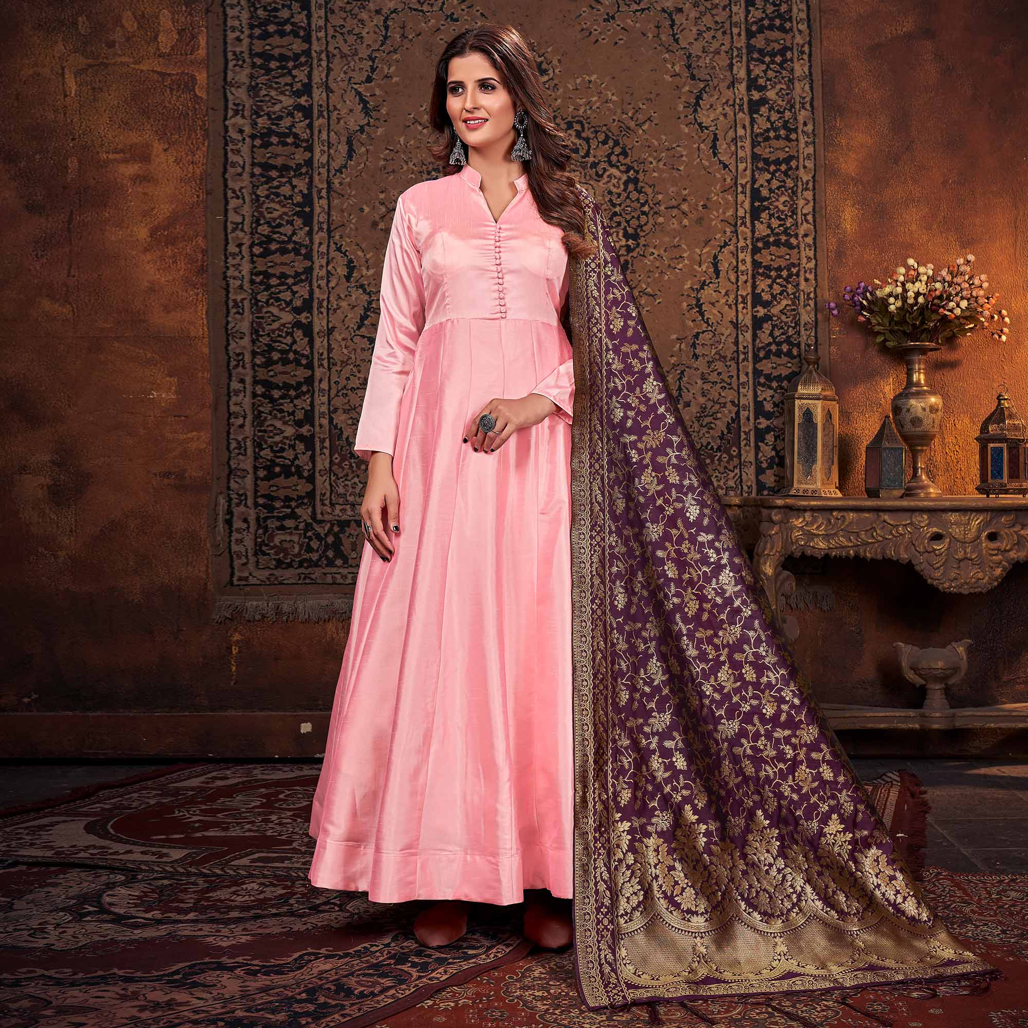 Pink Solid Art Silk Anarkali Suit