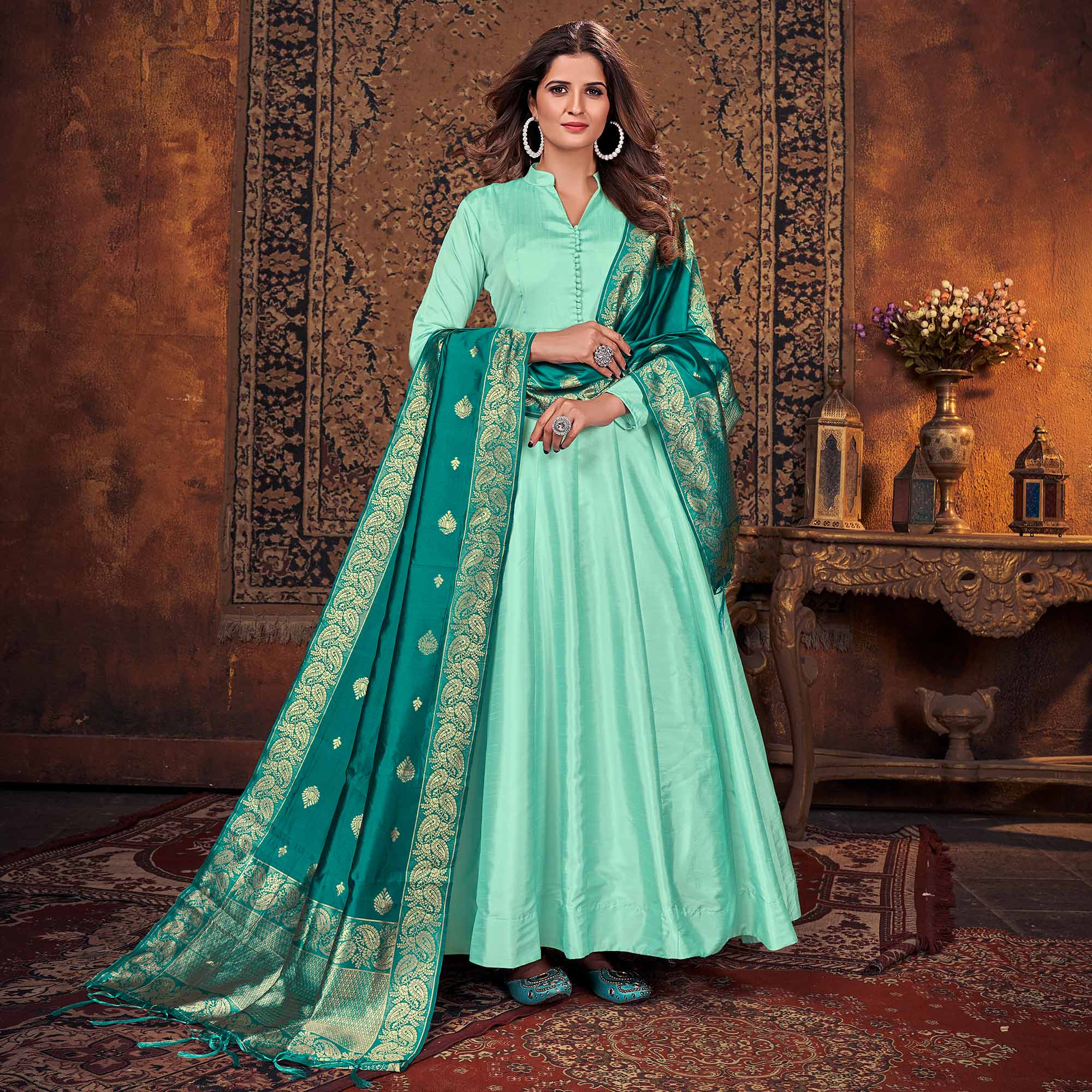 Turquoise Solid Art Silk Anarkali Suit
