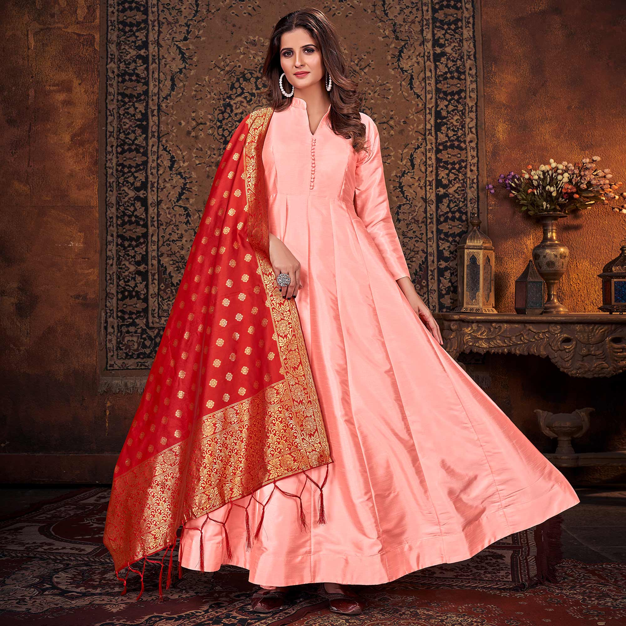 Peach Solid Art Silk Anarkali Suit