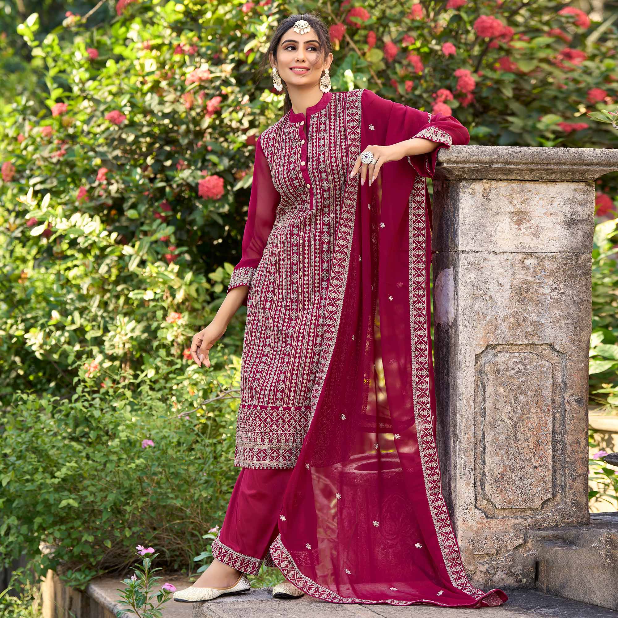 Pink Floral Embroidered Art Silk Suit