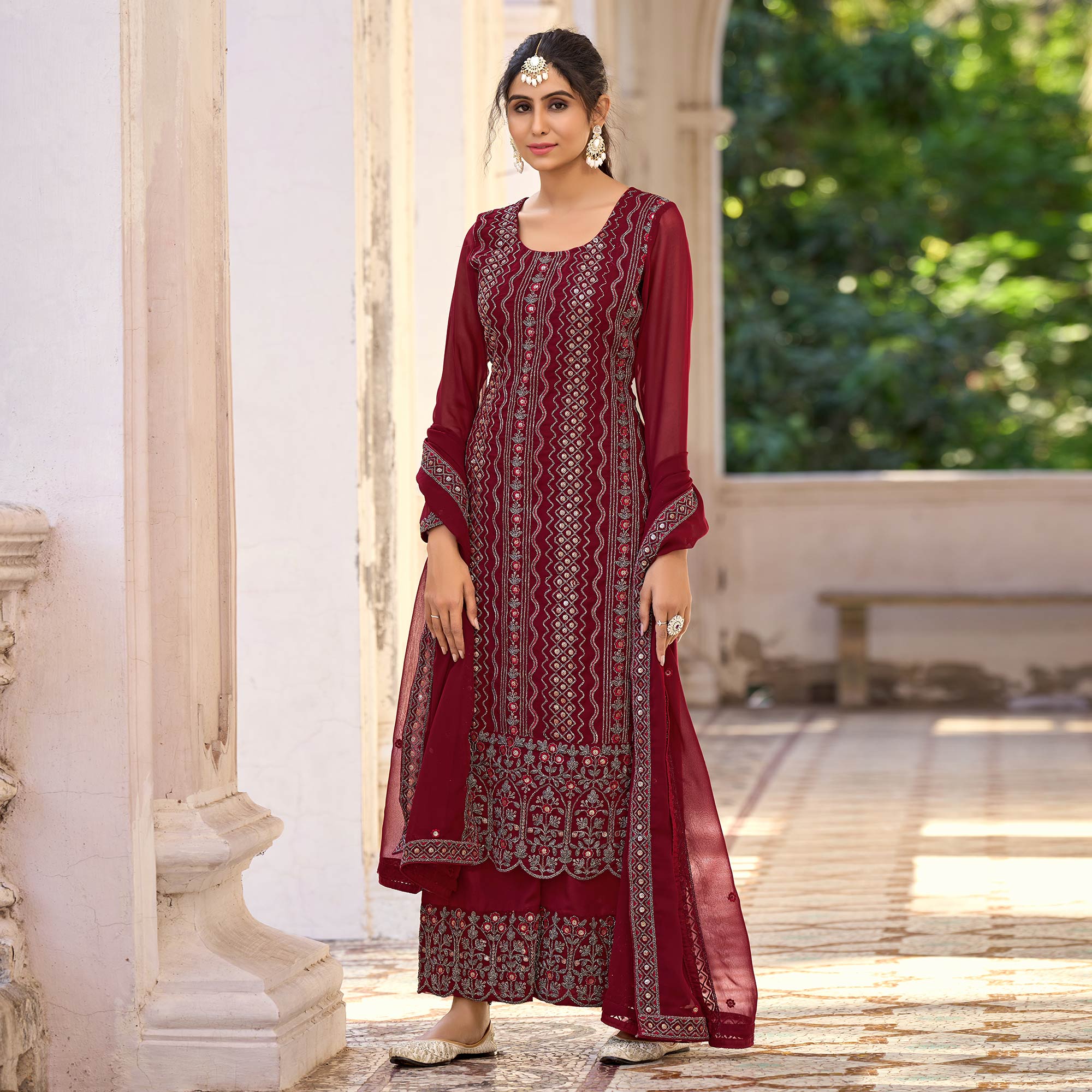 Maroon Floral Embroidered Art Silk Suit