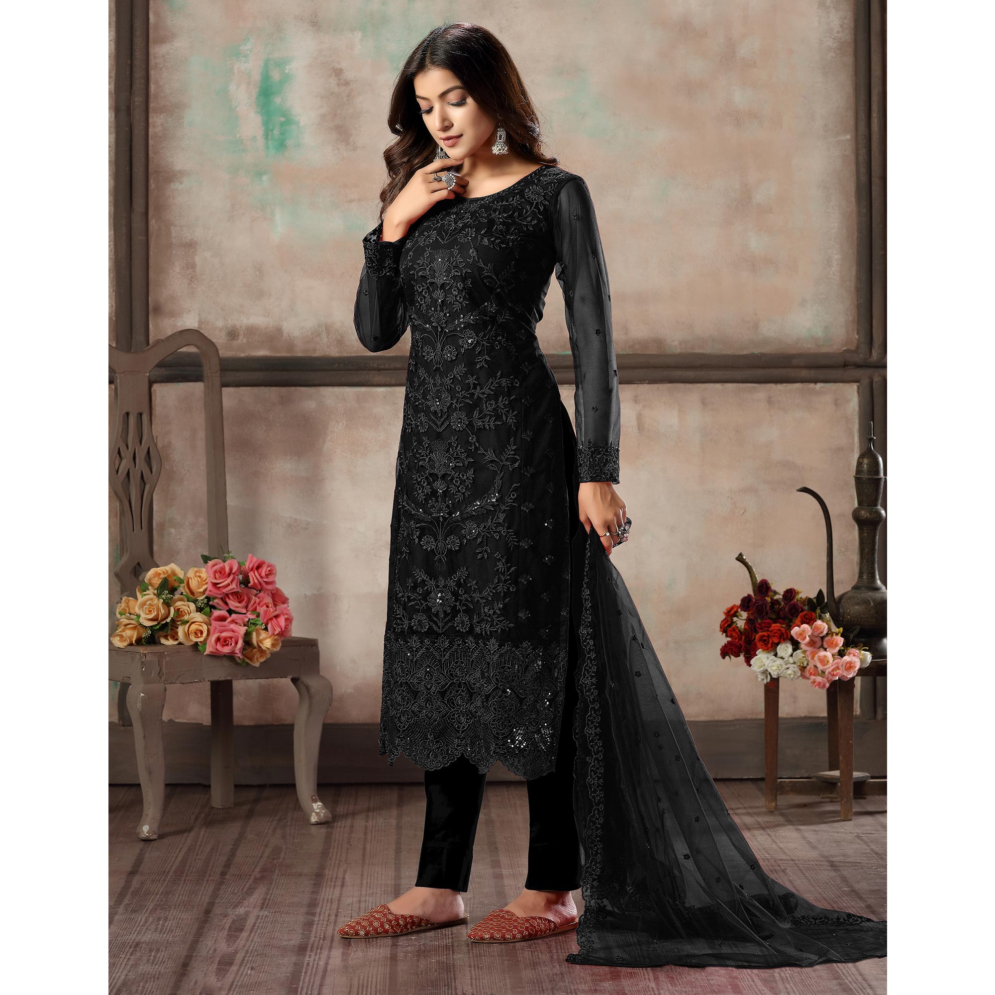 Black Floral Embroidered Net Suit