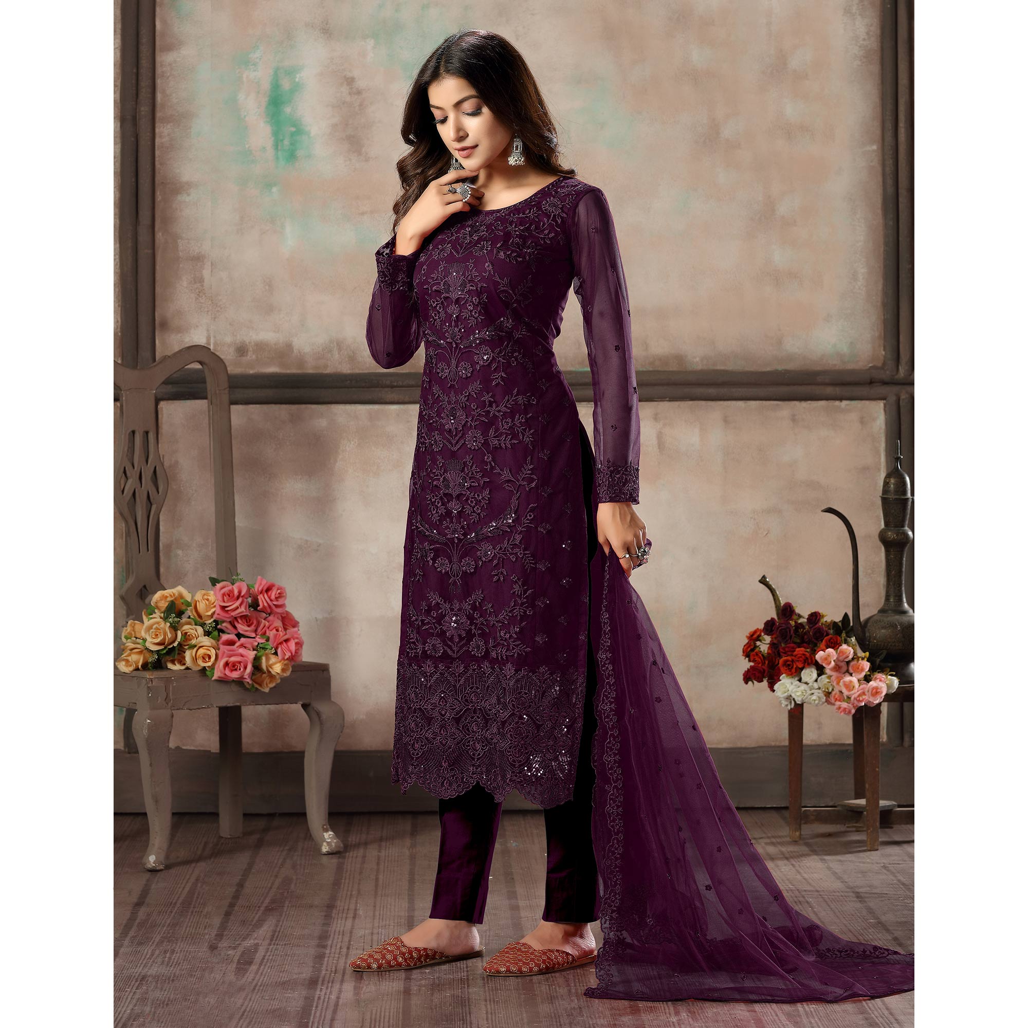 Wine Floral Embroidered Net Suit