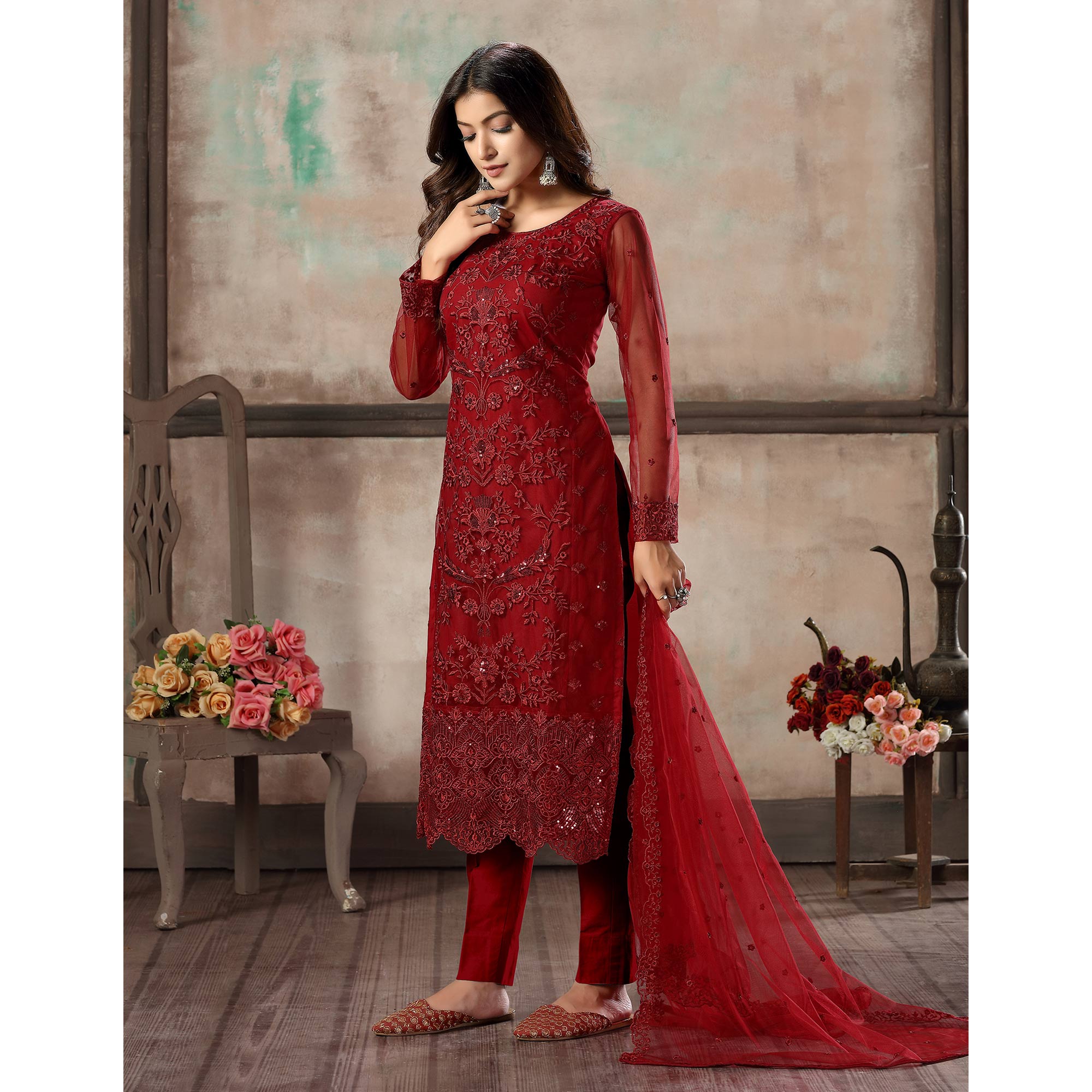 Red Floral Embroidered Net Suit