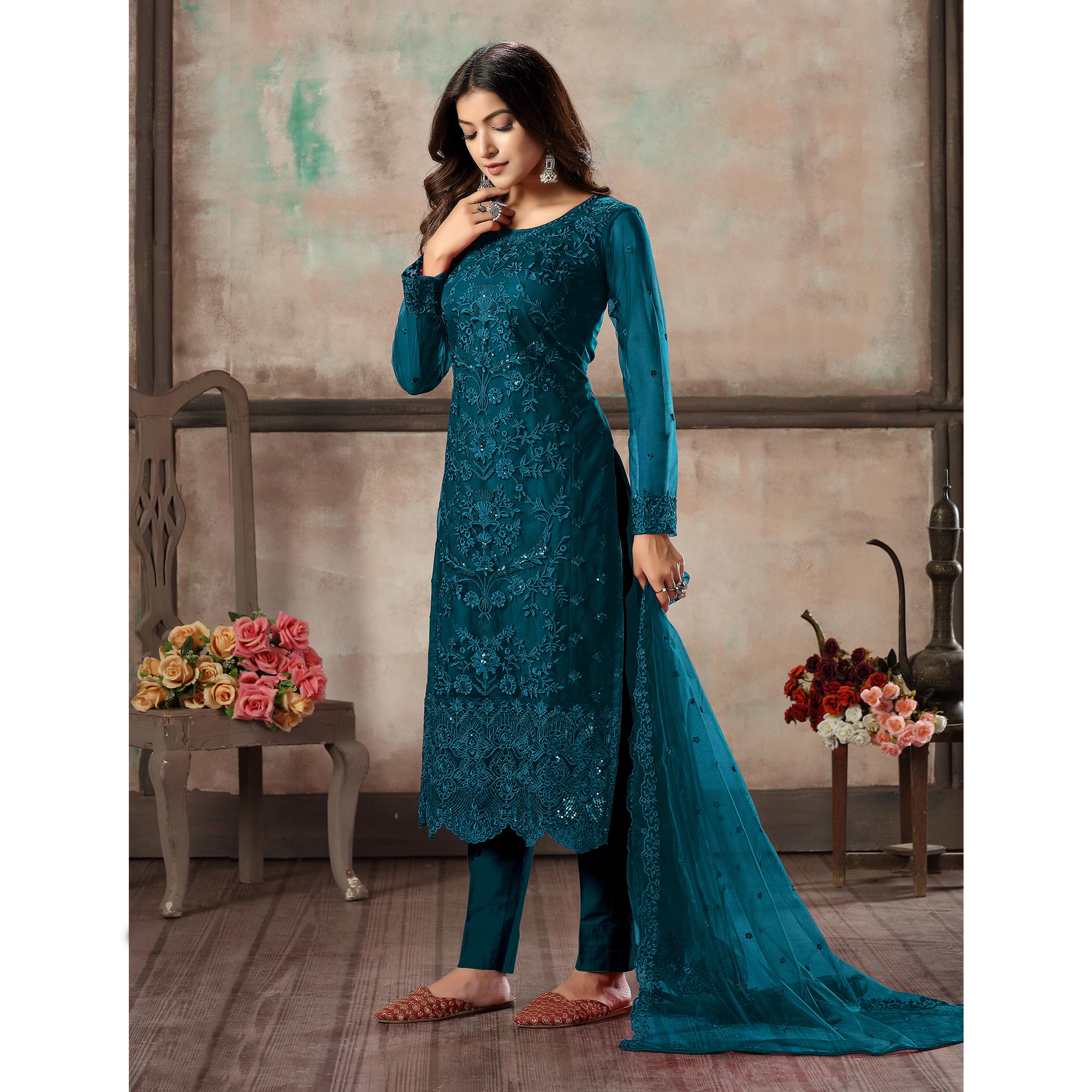 Morpich Floral Embroidered Net Suit