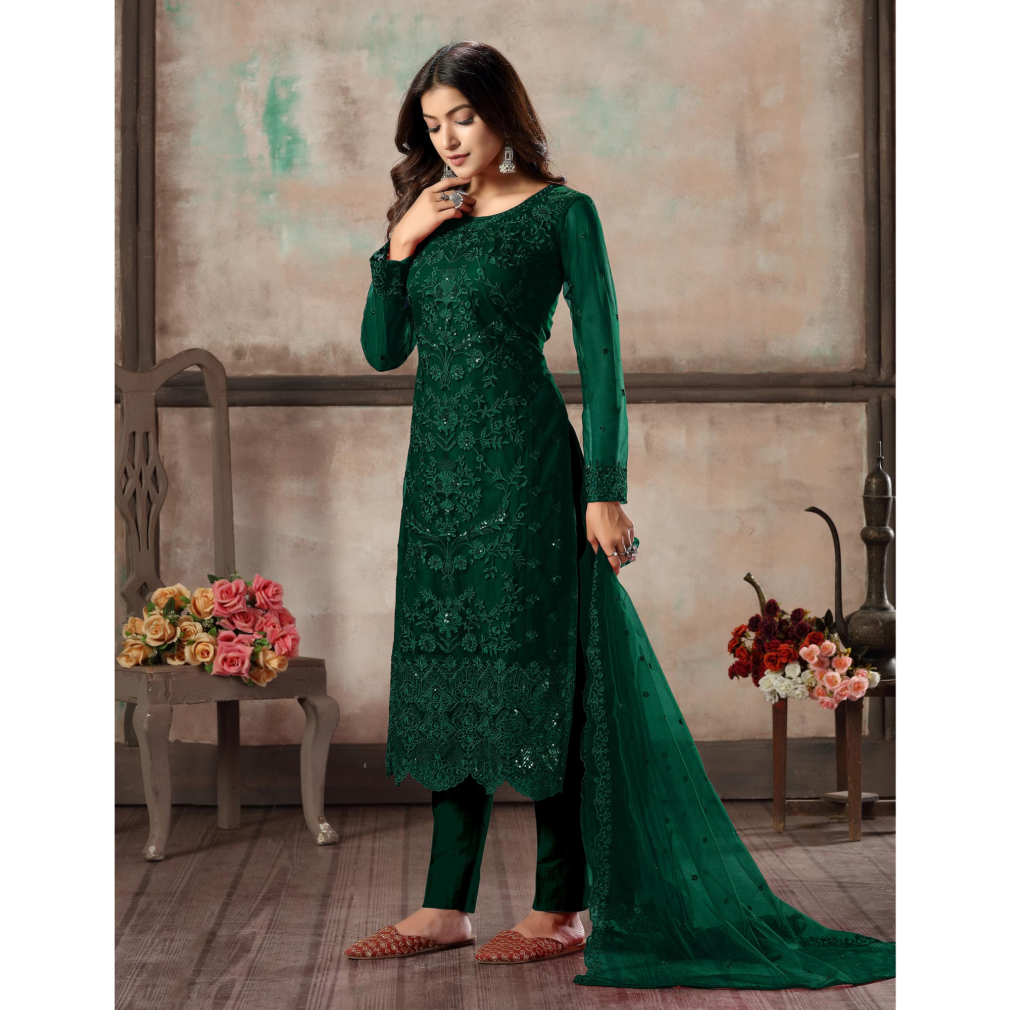 Green Floral Embroidered Net Suit