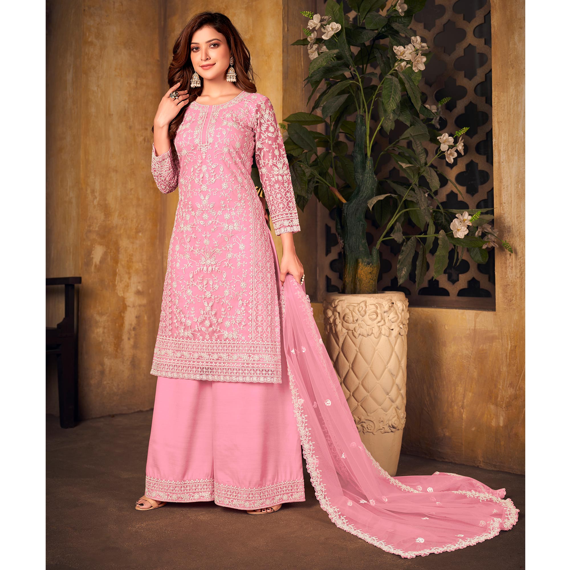 Pink Floral Embroidered Net Semi Stitched Suit