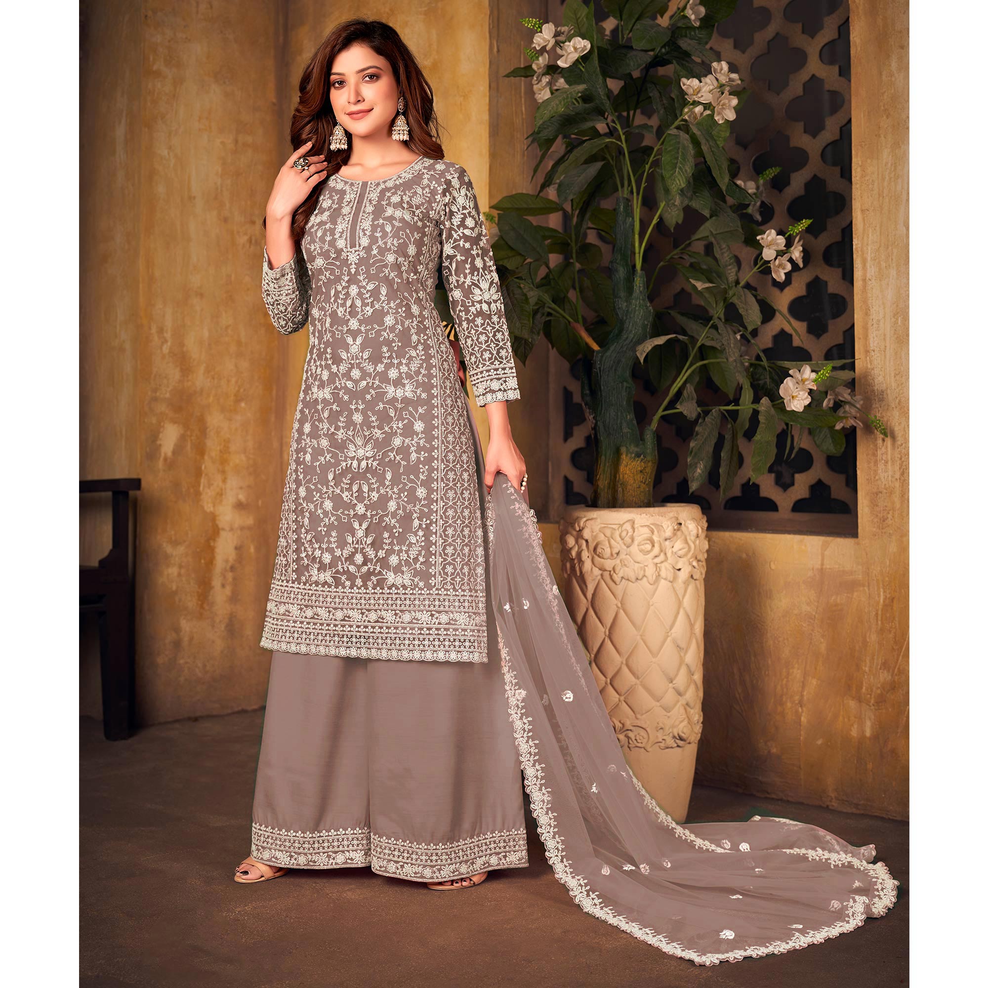 Dusty Brown Floral Embroidered Net Semi Stitched Suit