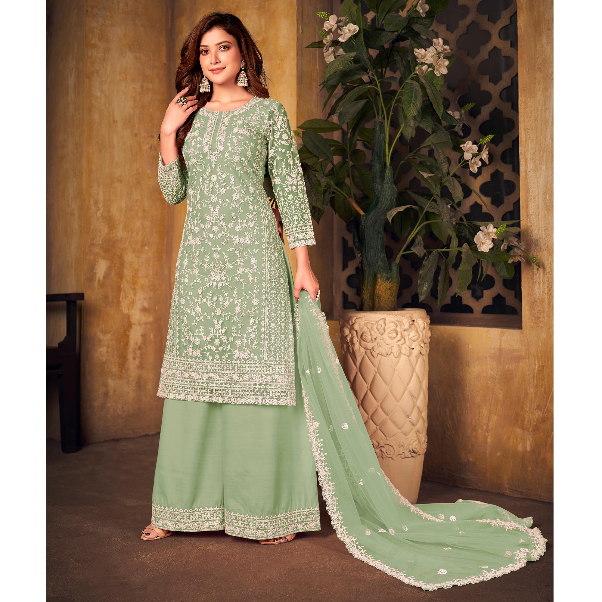 Green Floral Embroidered Net Semi Stitched Suit