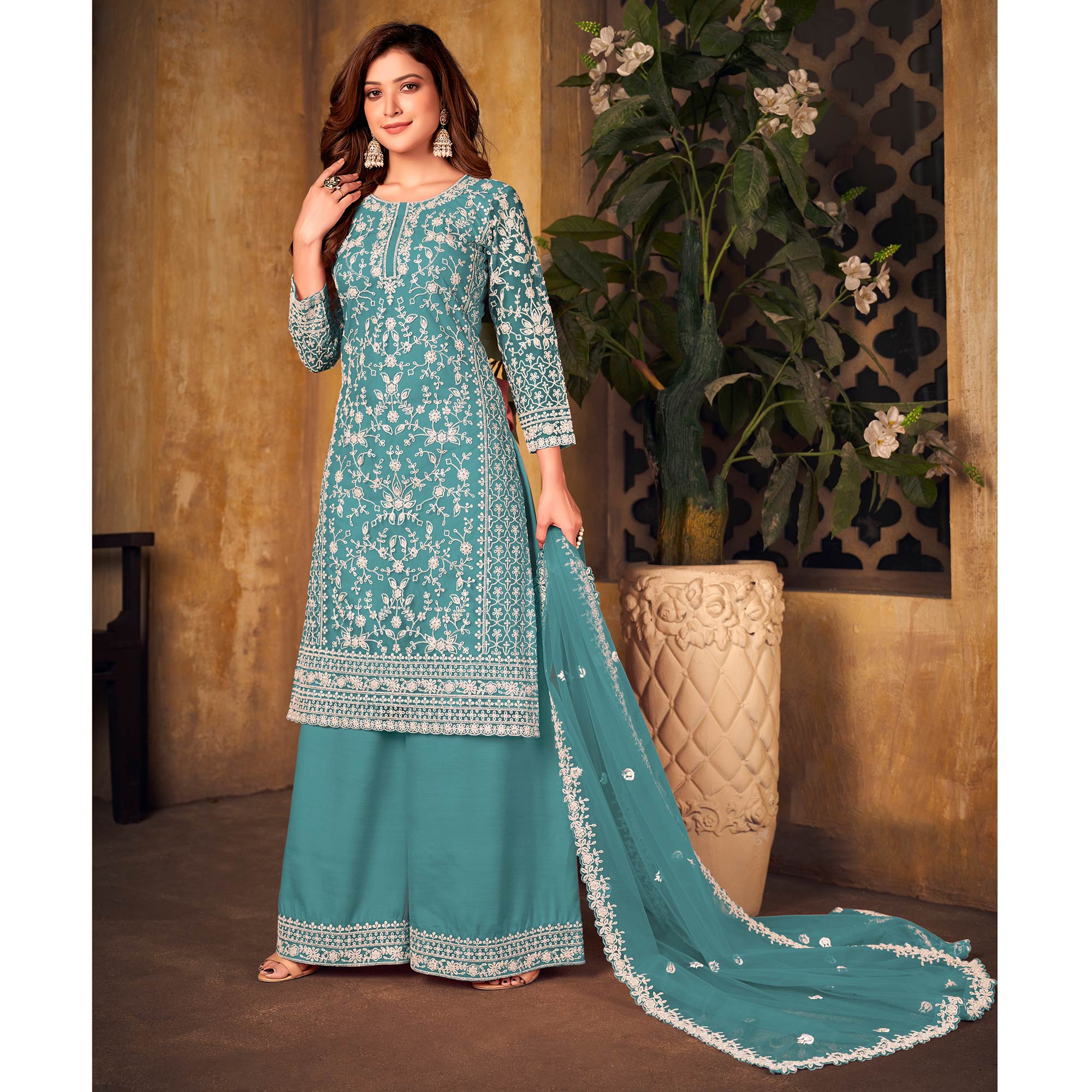 Blue Floral Embroidered Net Semi Stitched Suit