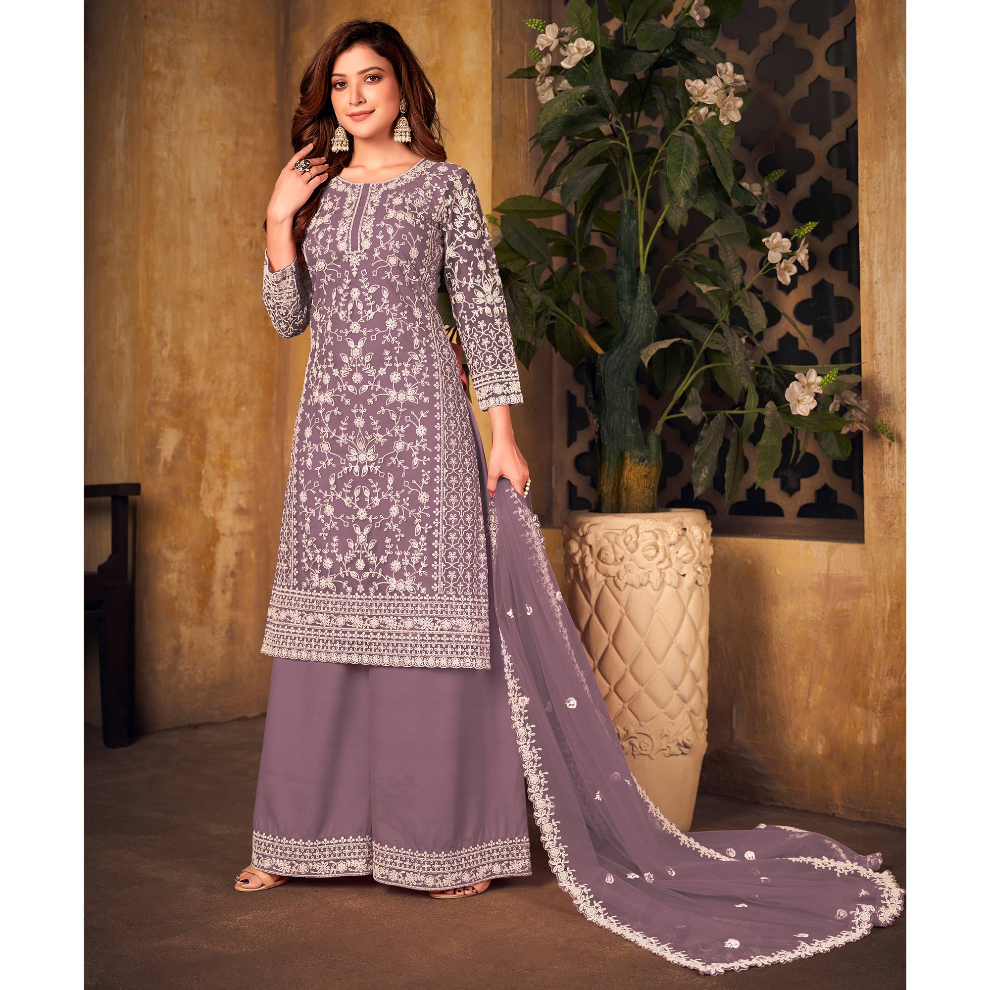 Purple Floral Embroidered Net Semi Stitched Suit