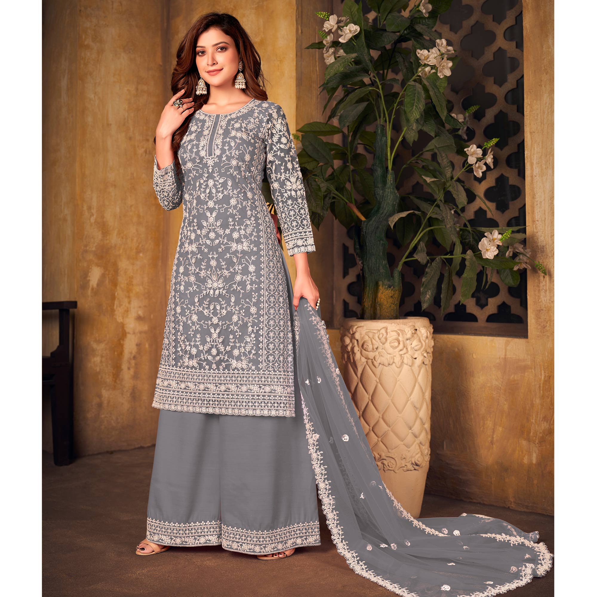 Grey Floral Embroidered Net Semi Stitched Suit