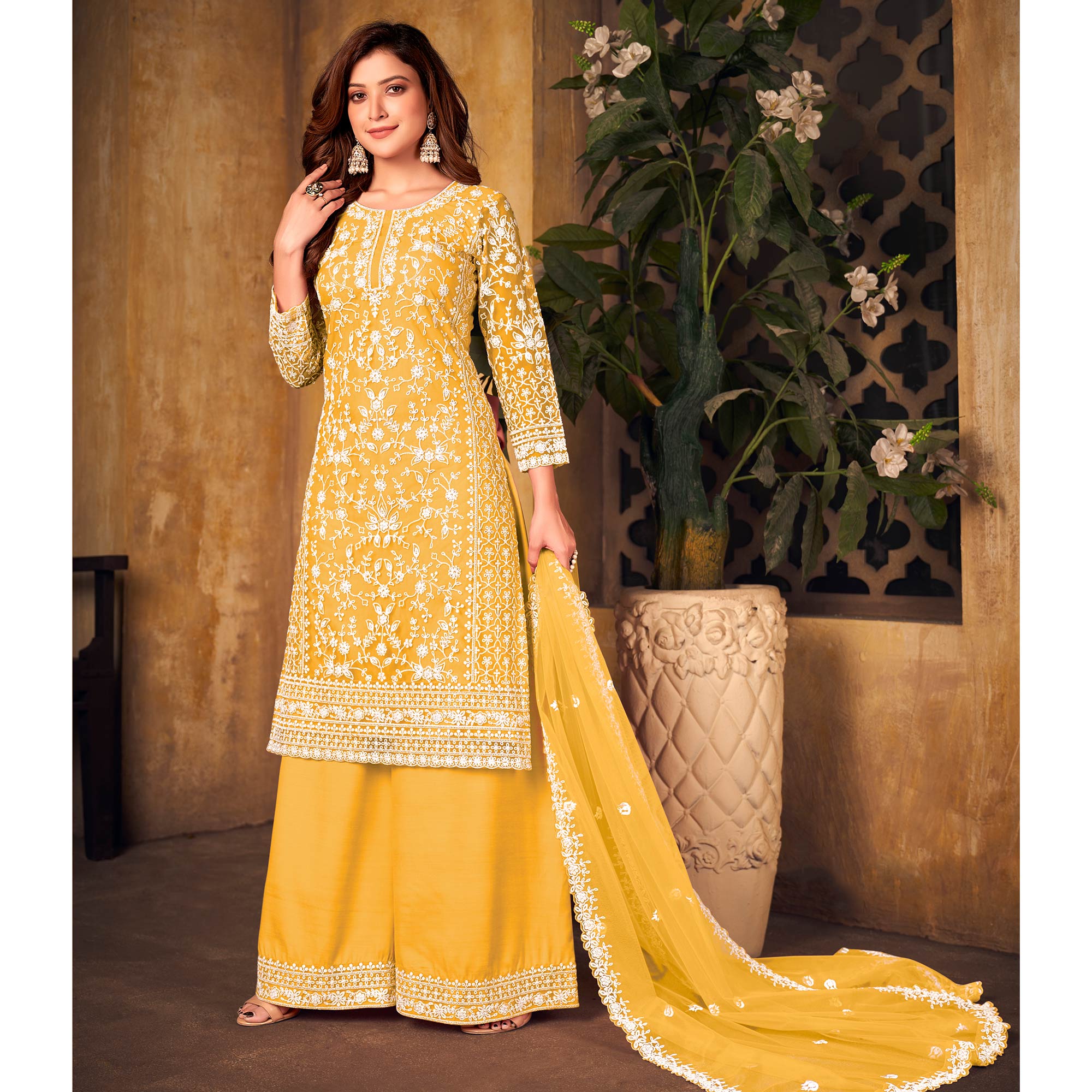 Yellow Floral Embroidered Net Semi Stitched Suit