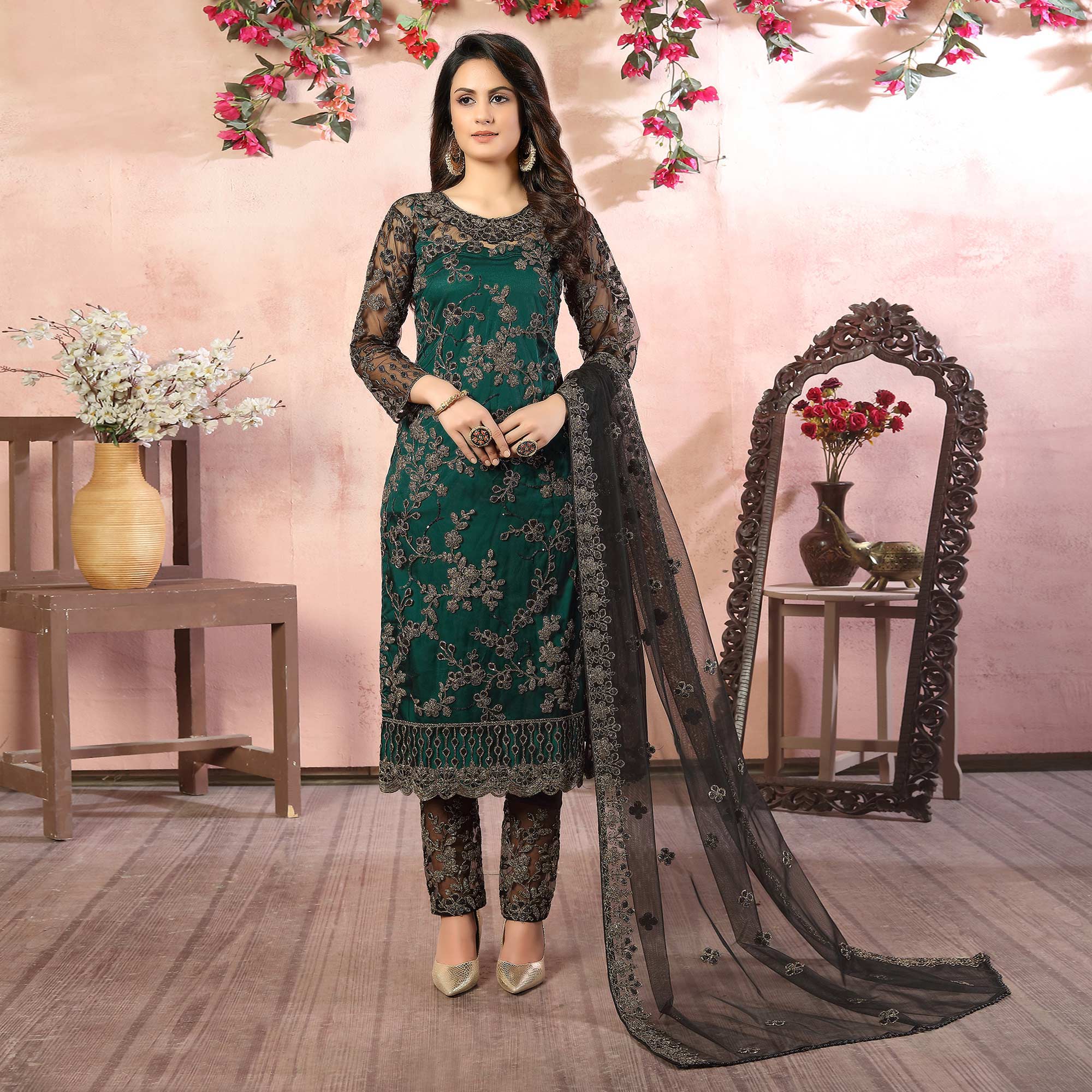 Green Floral Embroidered Net Semi Stitched Suit