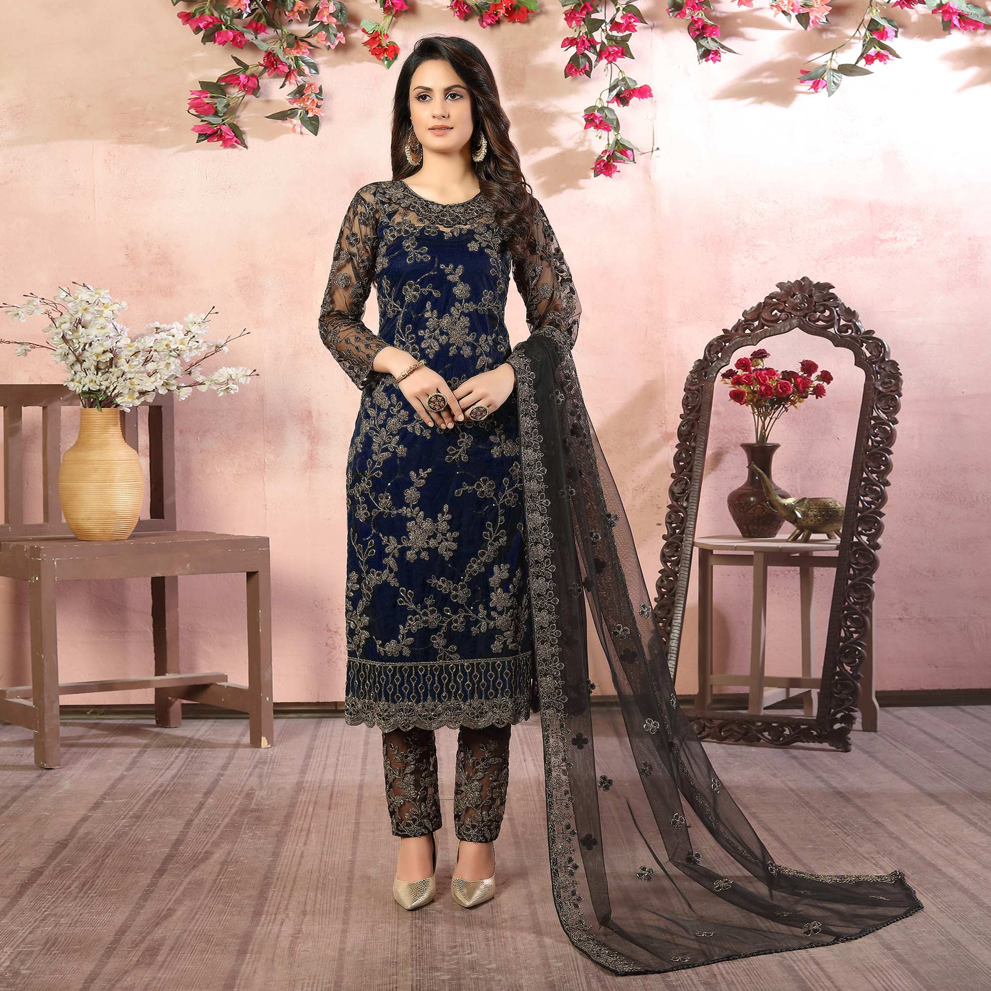 Blue Floral Embroidered Net Semi Stitched Suit