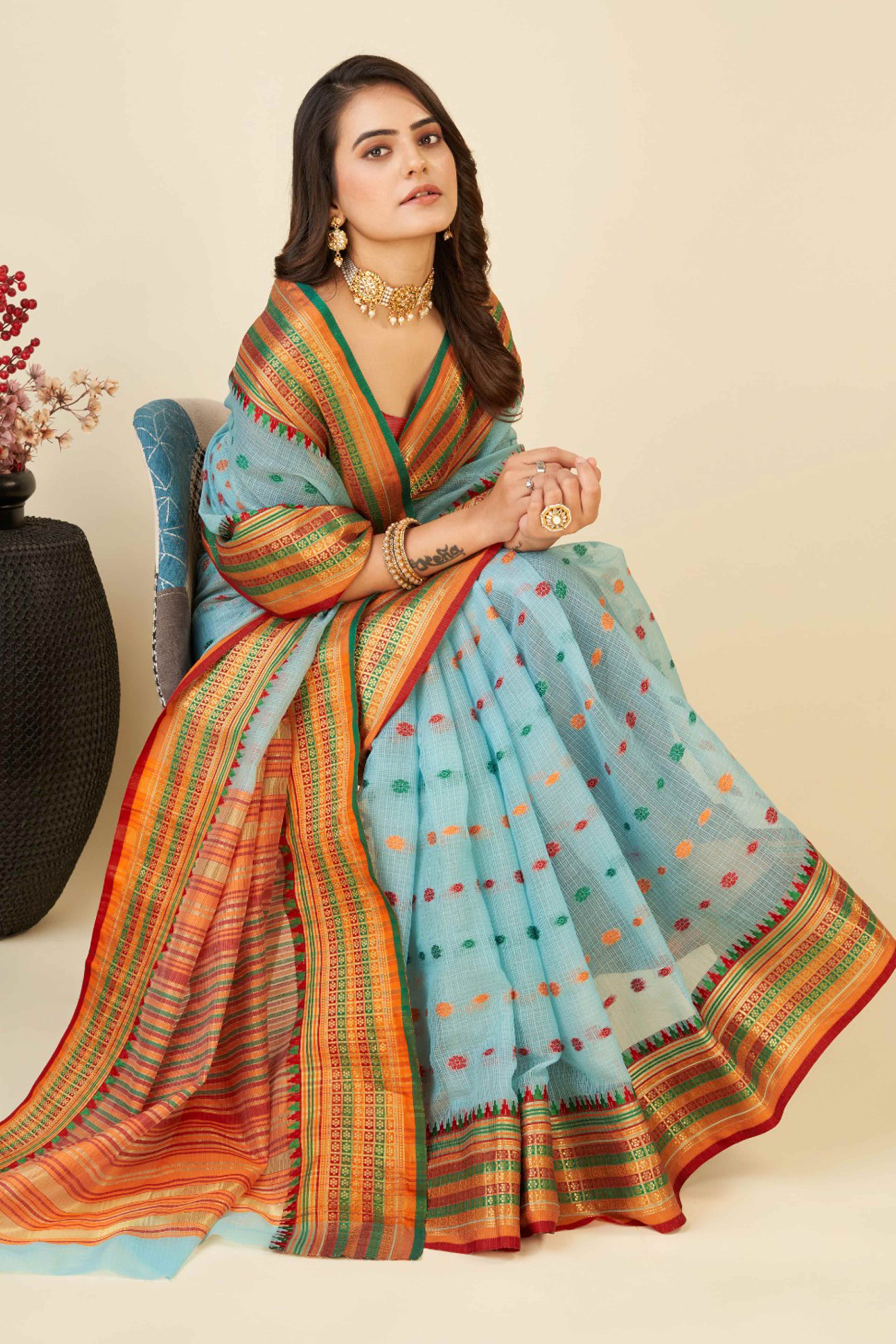 Sky Blue Zari Weaving Cotton Silk Saree