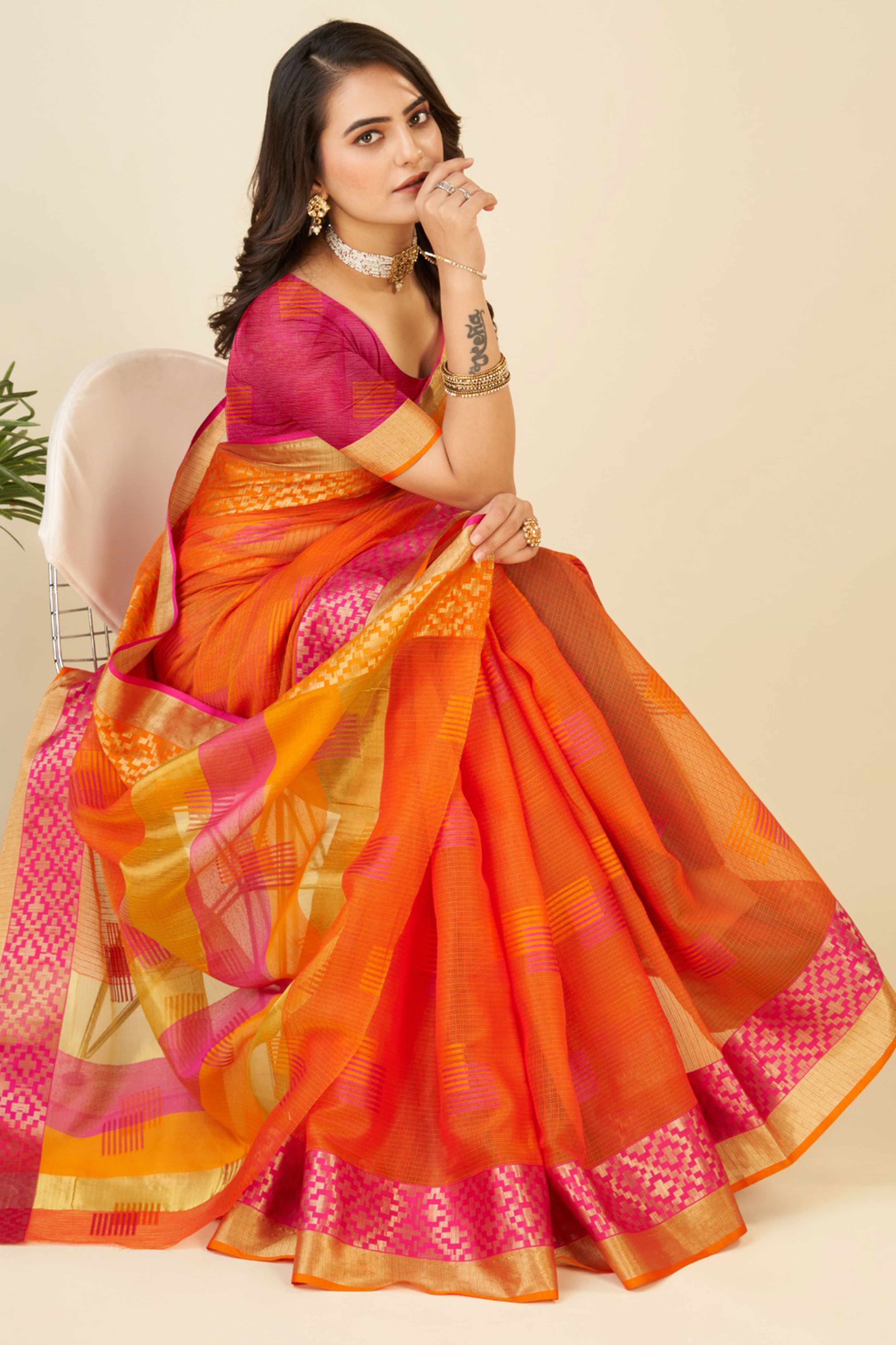 Orange Zari Weaving Cotton Blend Saree