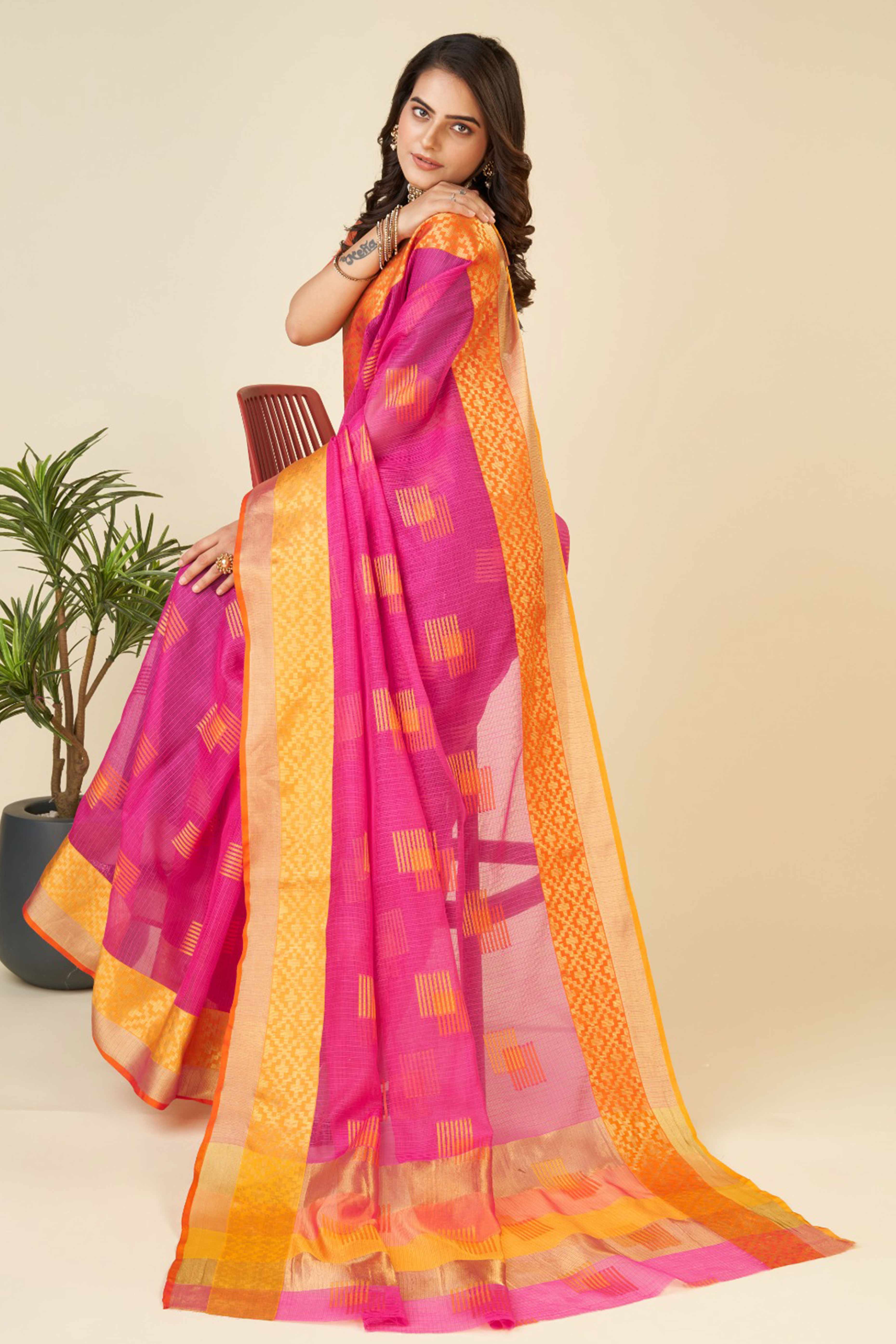 Pink Zari Weaving Cotton Blend Saree
