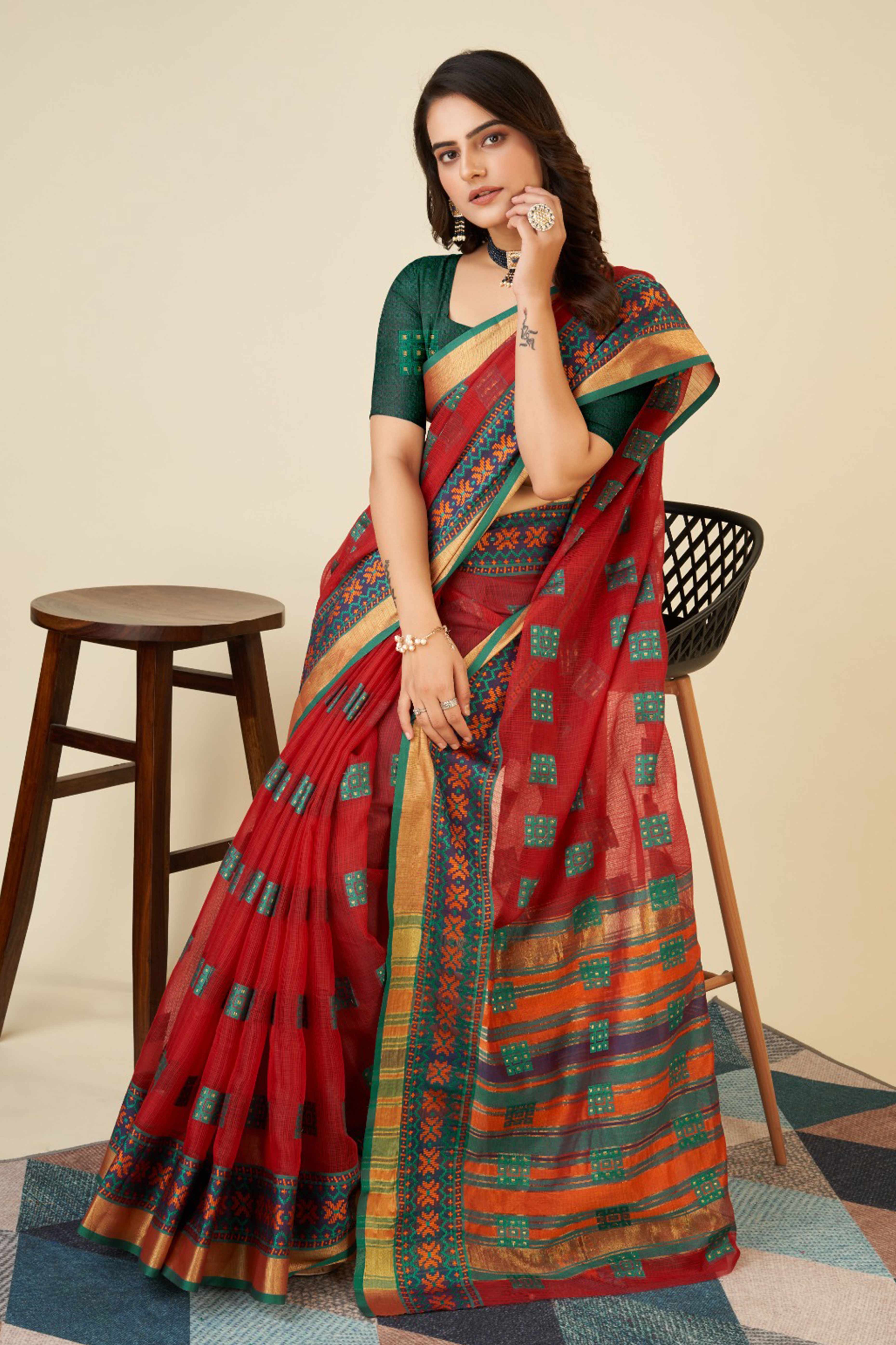 Red Zari Weaving Cotton Blend Saree