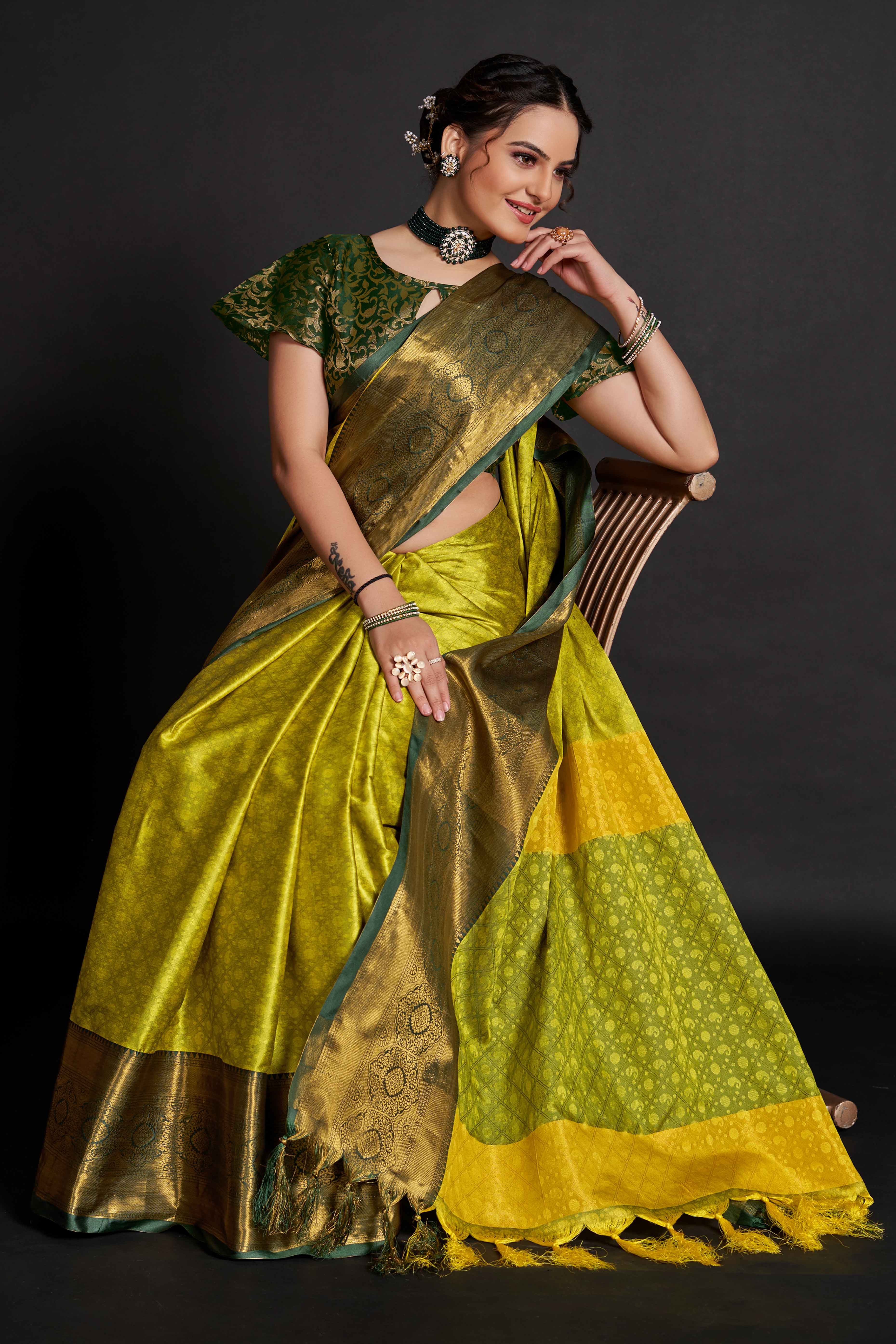 Lime Green Silk Blend Saree With Exquisite Zari Weaving & Graceful Tassels