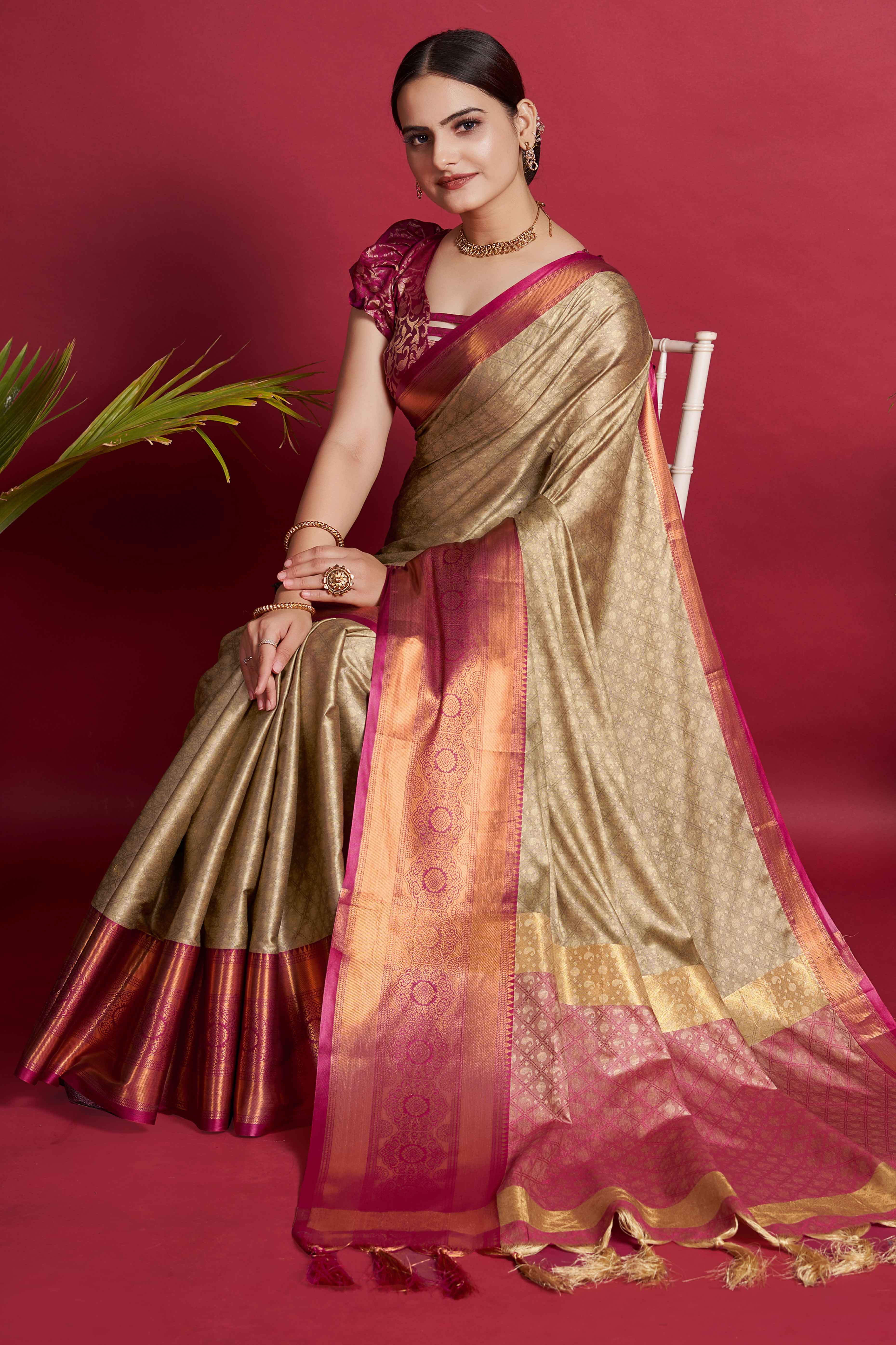 Chikoo Silk Blend Saree With Exquisite Zari Weaving & Graceful Tassels