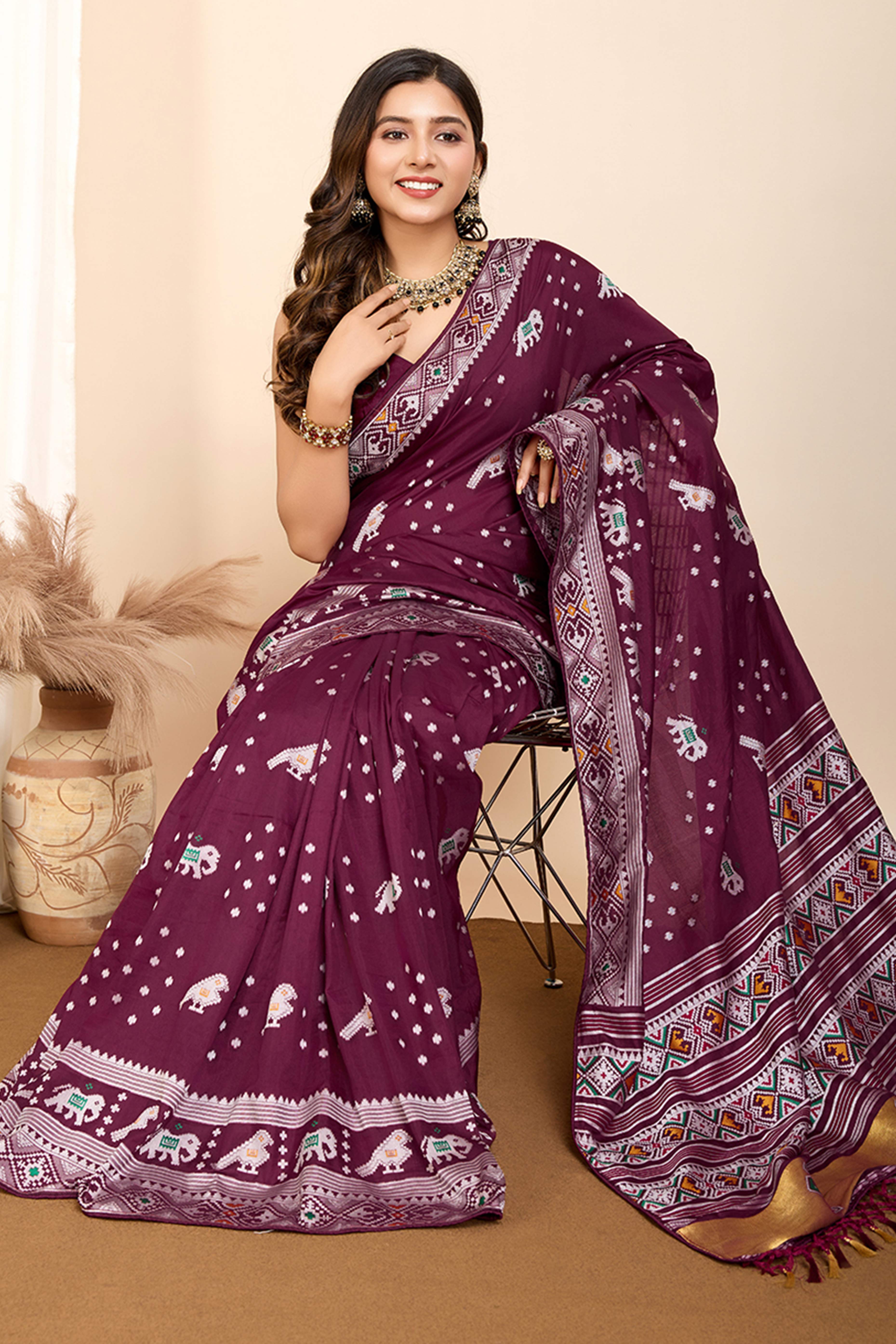 Wine Minakari Weaving Pure Silk Saree