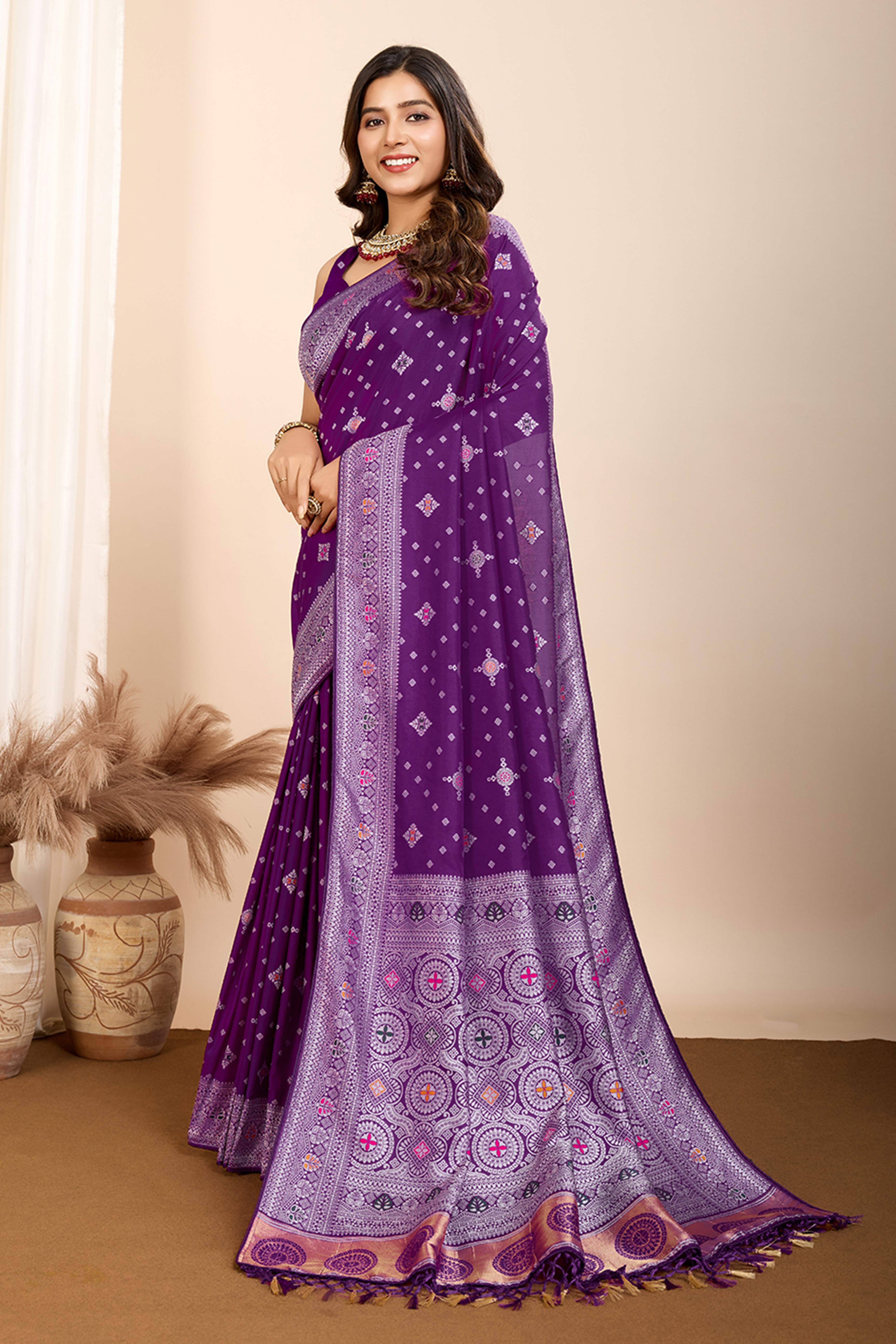 Purple Minakari Weaving Pure Silk Saree