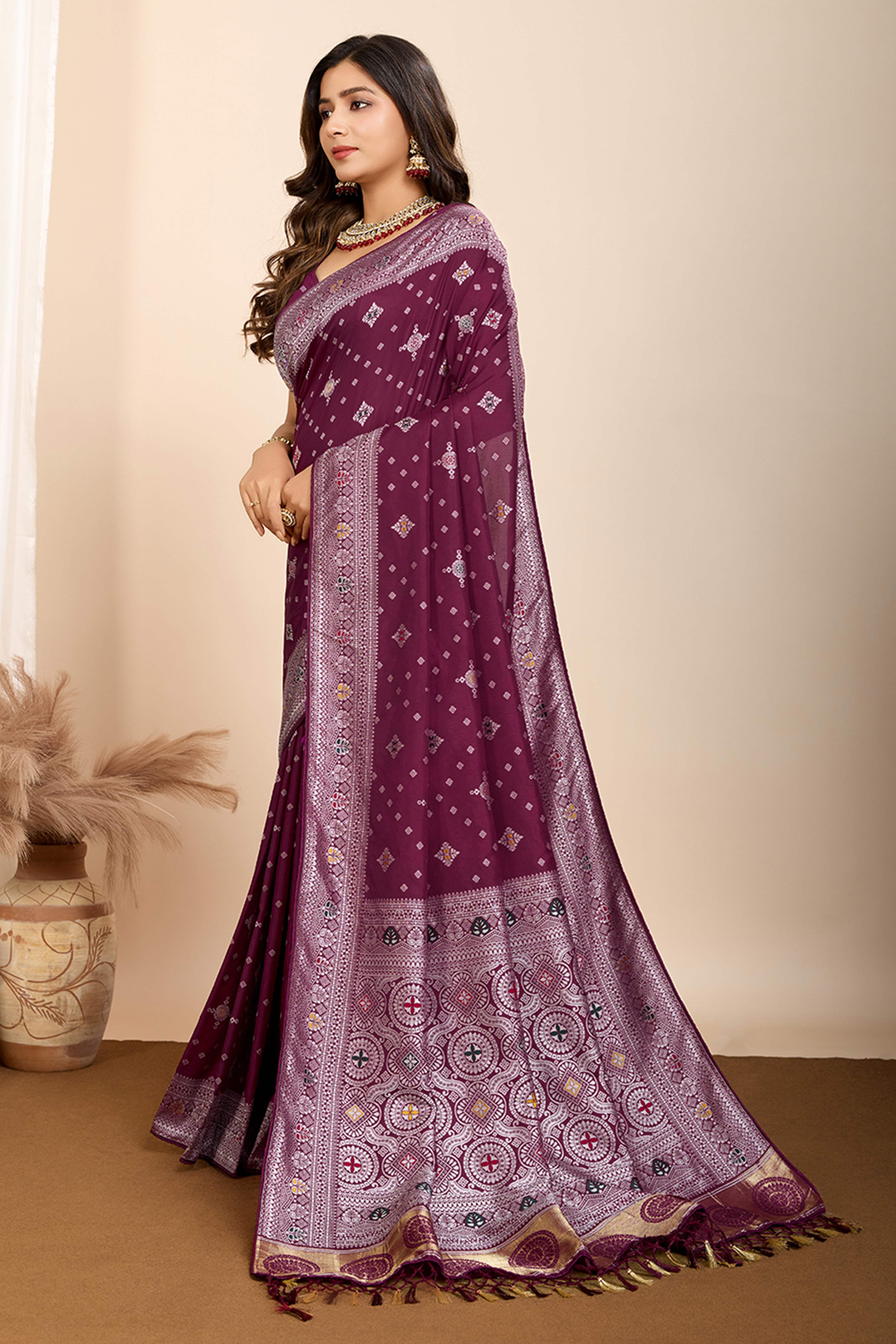 Wine Minakari Weaving Pure Silk Saree