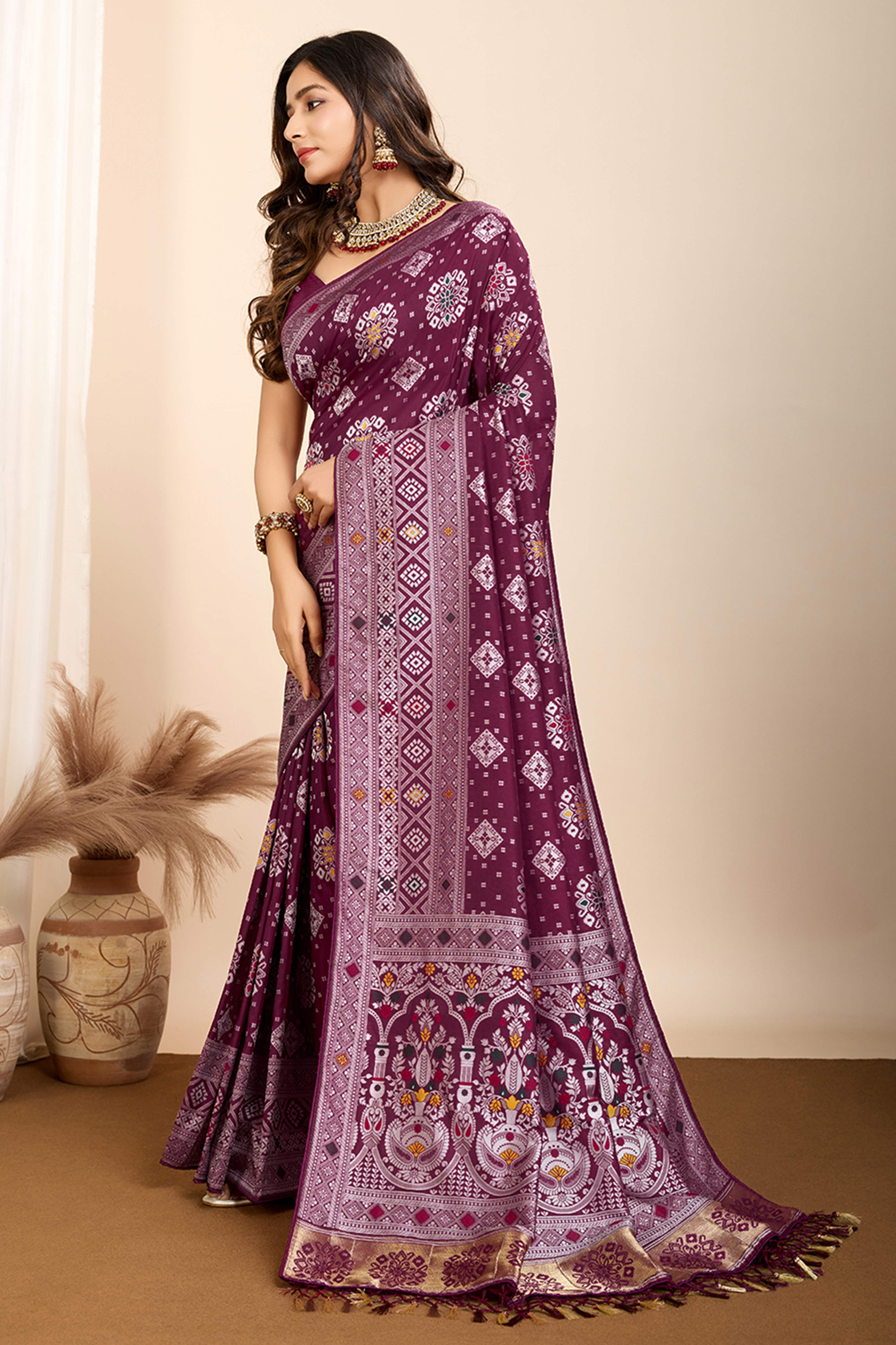 Wine Minakari Weaving Pure Silk Saree