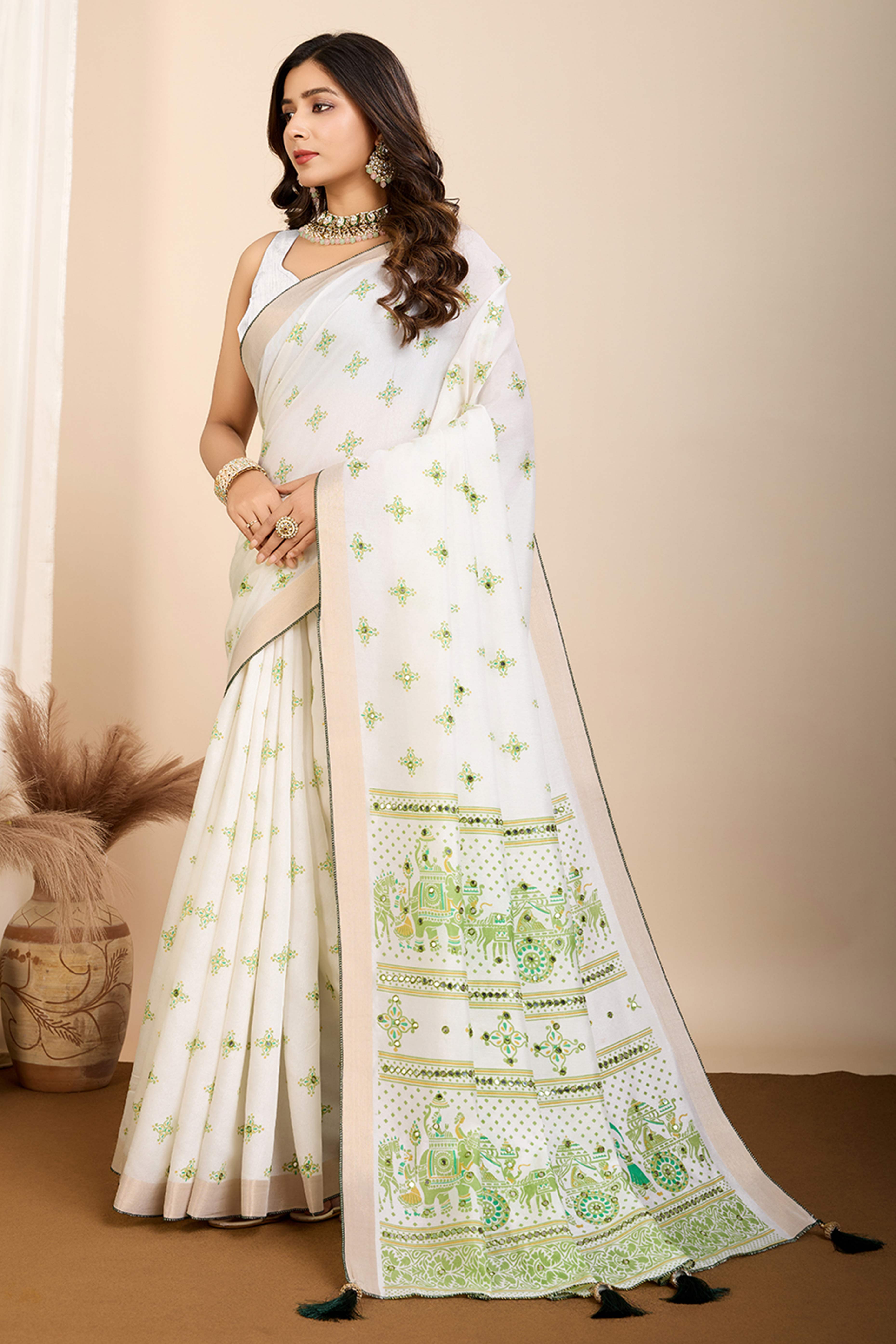 Off White Mirror Work Printed Cotton Silk Saree