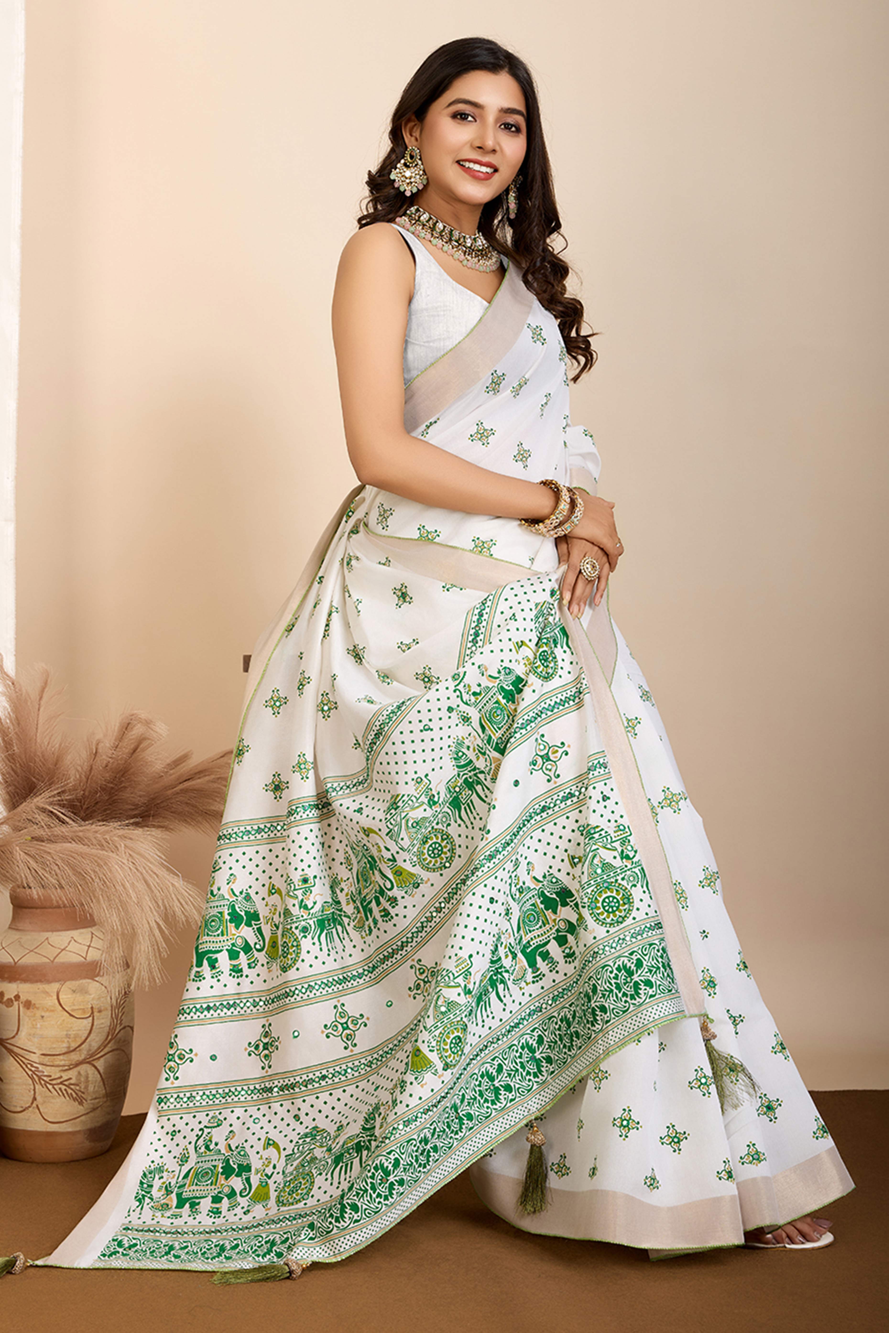 Off White Mirror Work Printed Cotton Silk Saree
