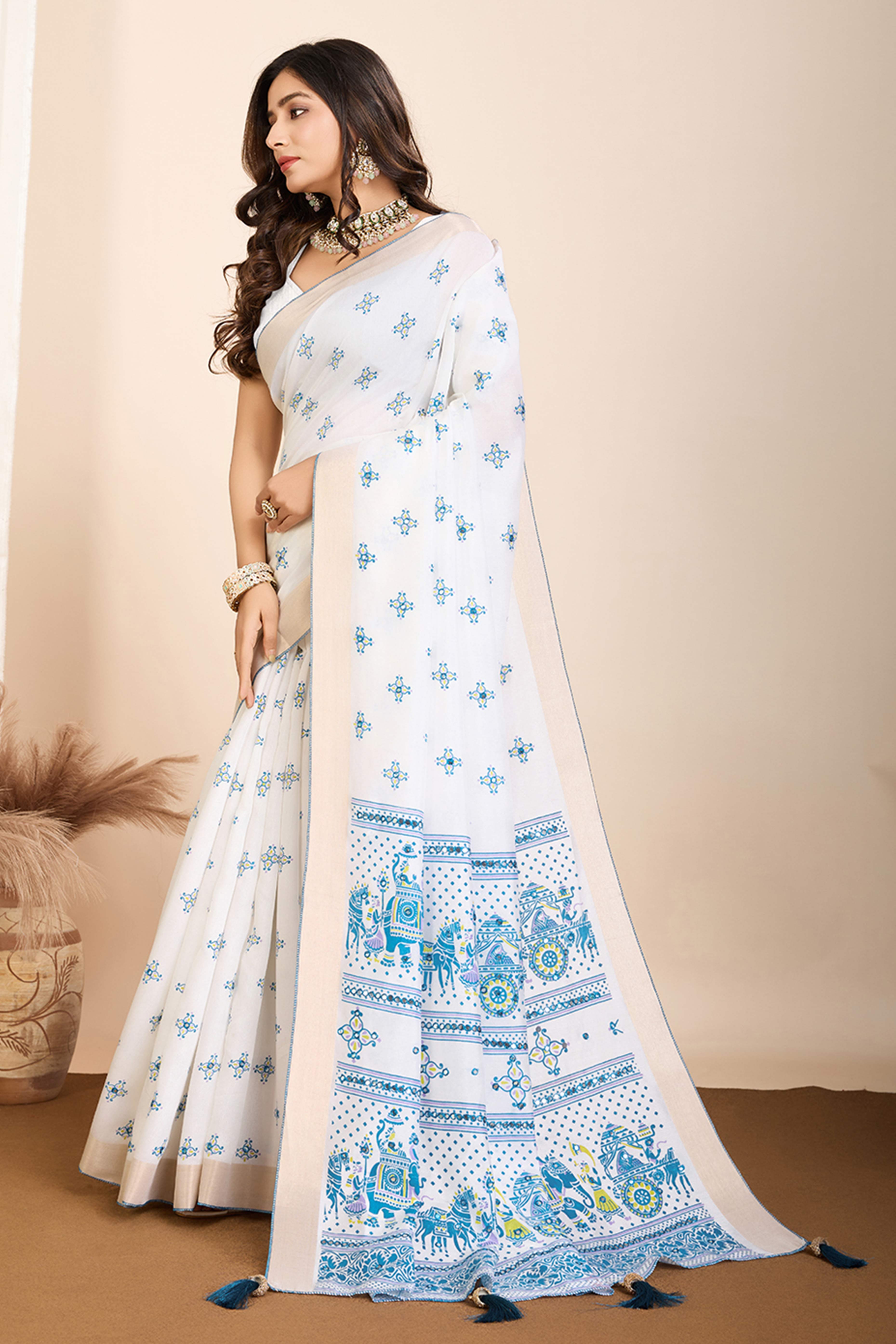 Off White Mirror Work Printed Cotton Silk Saree