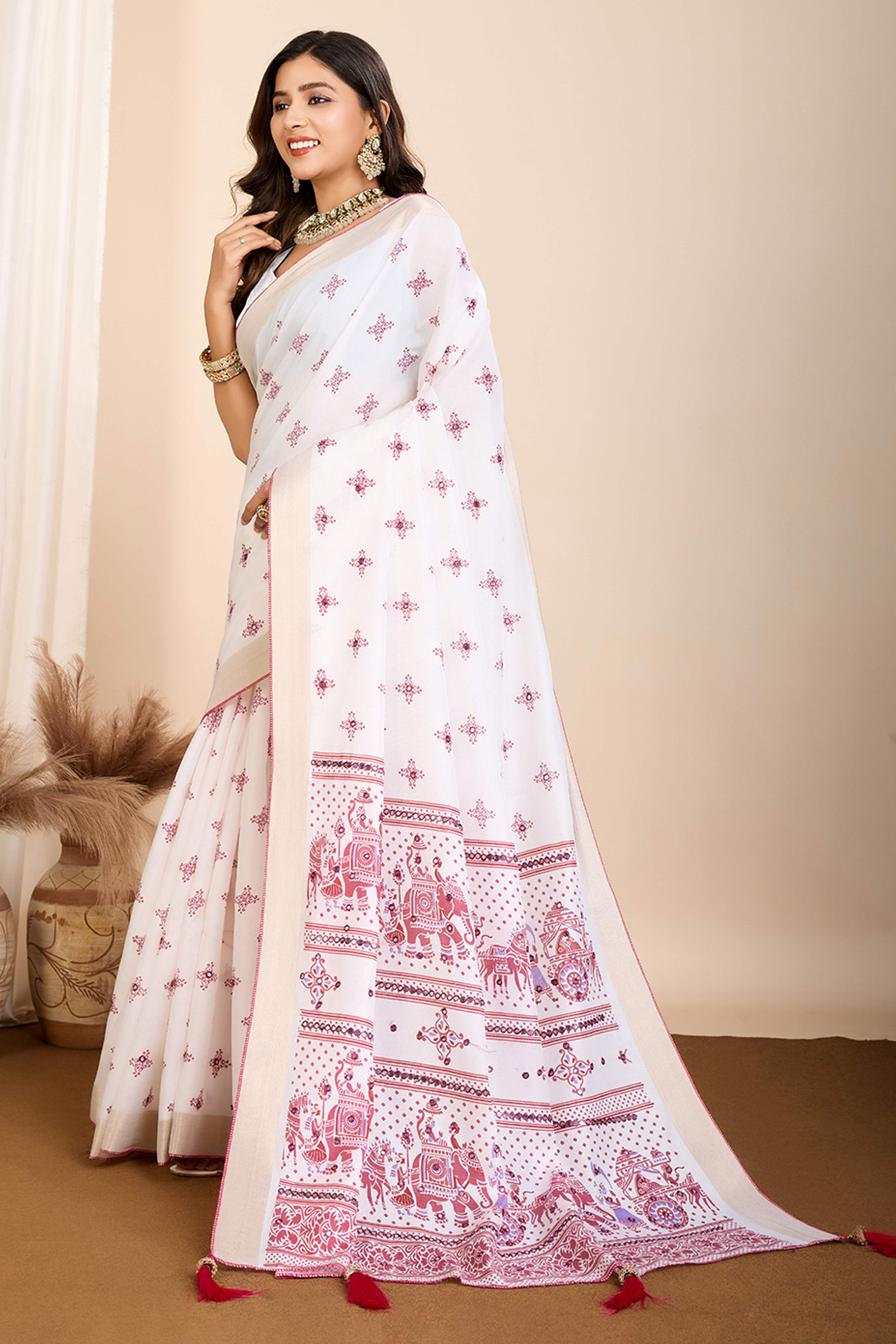 Off White Mirror Work Printed Cotton Silk Saree